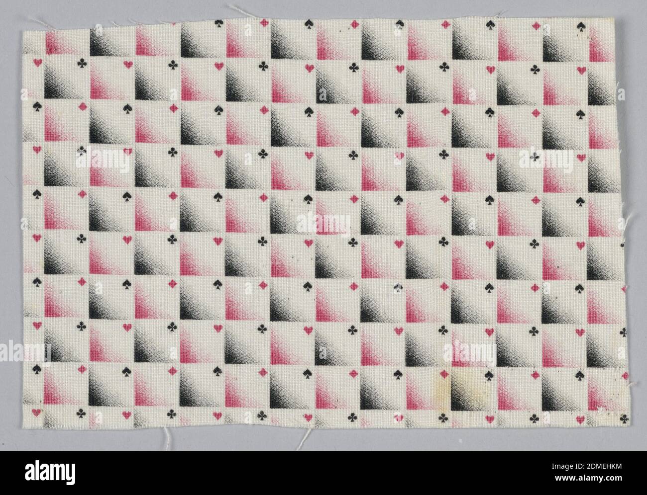 Sample, Medium: cotton Technique: printed on plain weave, Woven cotton textile printed in black and red on white ground showing a checkerboard pattern; in each square an ombre of red or black fills the lower left corner, and the upper right corner contains a card suit (spades, clubs, diamonds, hearts)., USA, late 19th century, printed, dyed & painted textiles, Sample Stock Photo
