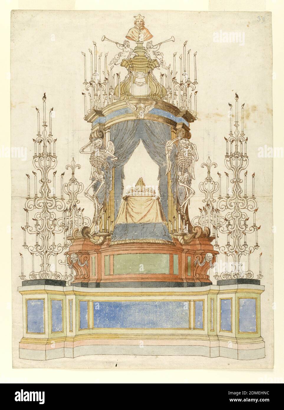 Giorgio Bolognetti, Bishop of Rieti, Giorgio Bolognetti, Bishop of Rieti, Italian, 1595 - 1680, Sebastiano Cipriani, Italian, 1660 - 1740, Pen and brown ink, watercolor, black chalk on laid paper, A baldachin mounted on a raised platform between two large candelabra, ornamented with fleur-de-lis, holding lit candles., Italy, Italy, 1686, architecture, Drawing Stock Photo