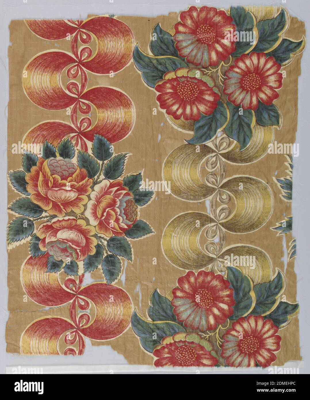 Textile, Medium: cotton Technique: printed, Lightweight glazed chintz with a tan ground printed in a pattern of natural size flower clusters in shades of red with green leaves. Clusters are in an alternate or staggered position joined by perpendicular, stiff, heavily curved ribbons with shaded effect probably by roller. Ribbons alternate in yellow or red., England, 1800–1850, printed, dyed & painted textiles, Textile Stock Photo