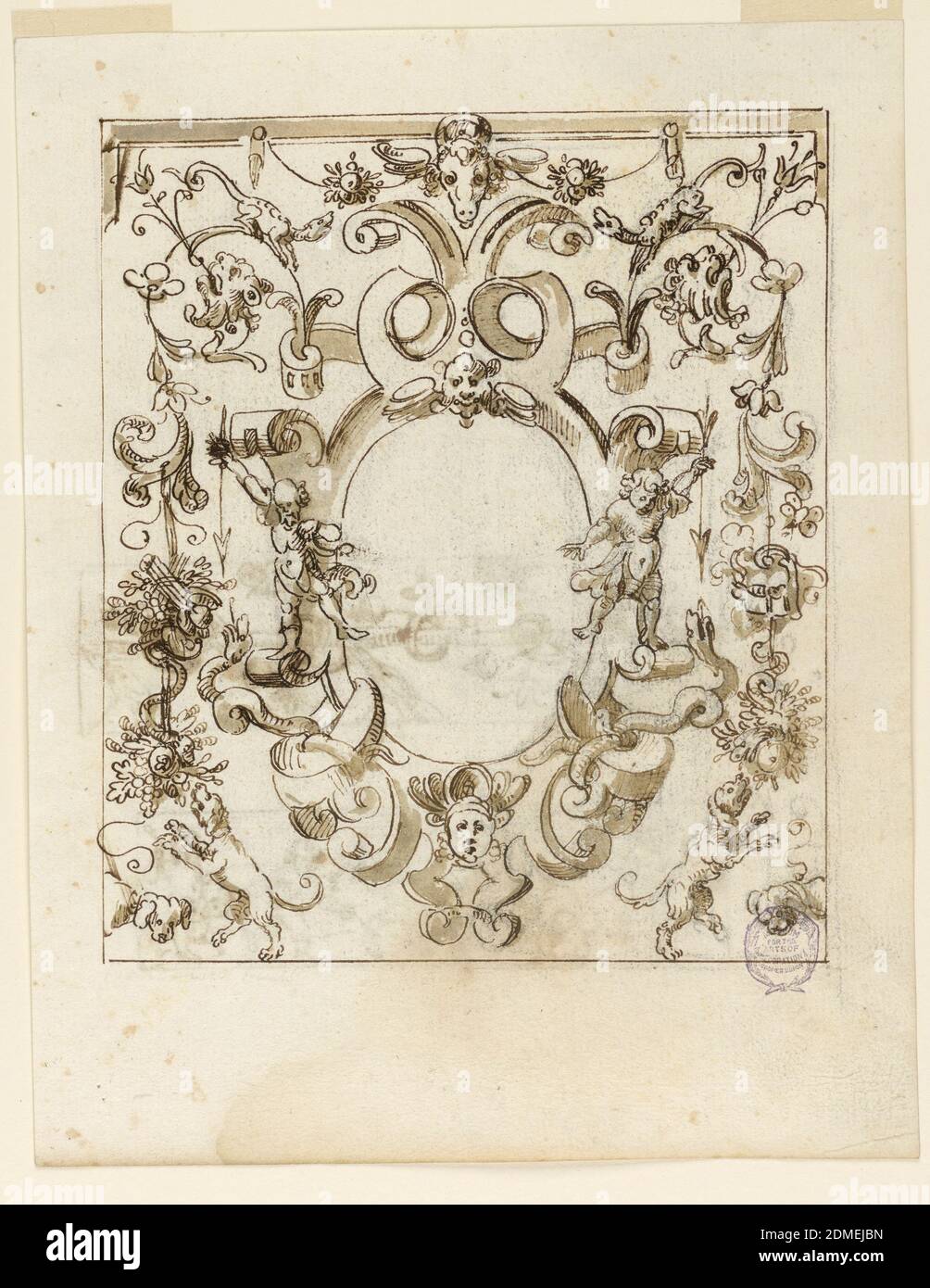 Grotesque Design, Charcoal, pen and ink, brush and watercolor on paper, A grotesque design surrounds a strapwork escutcheon. At bottom, two dogs on their hind legs reach for garlands hanging from trophies. Flanking the blank central panel are two figures., Italy, early 17th century, ornament, Drawing Stock Photo