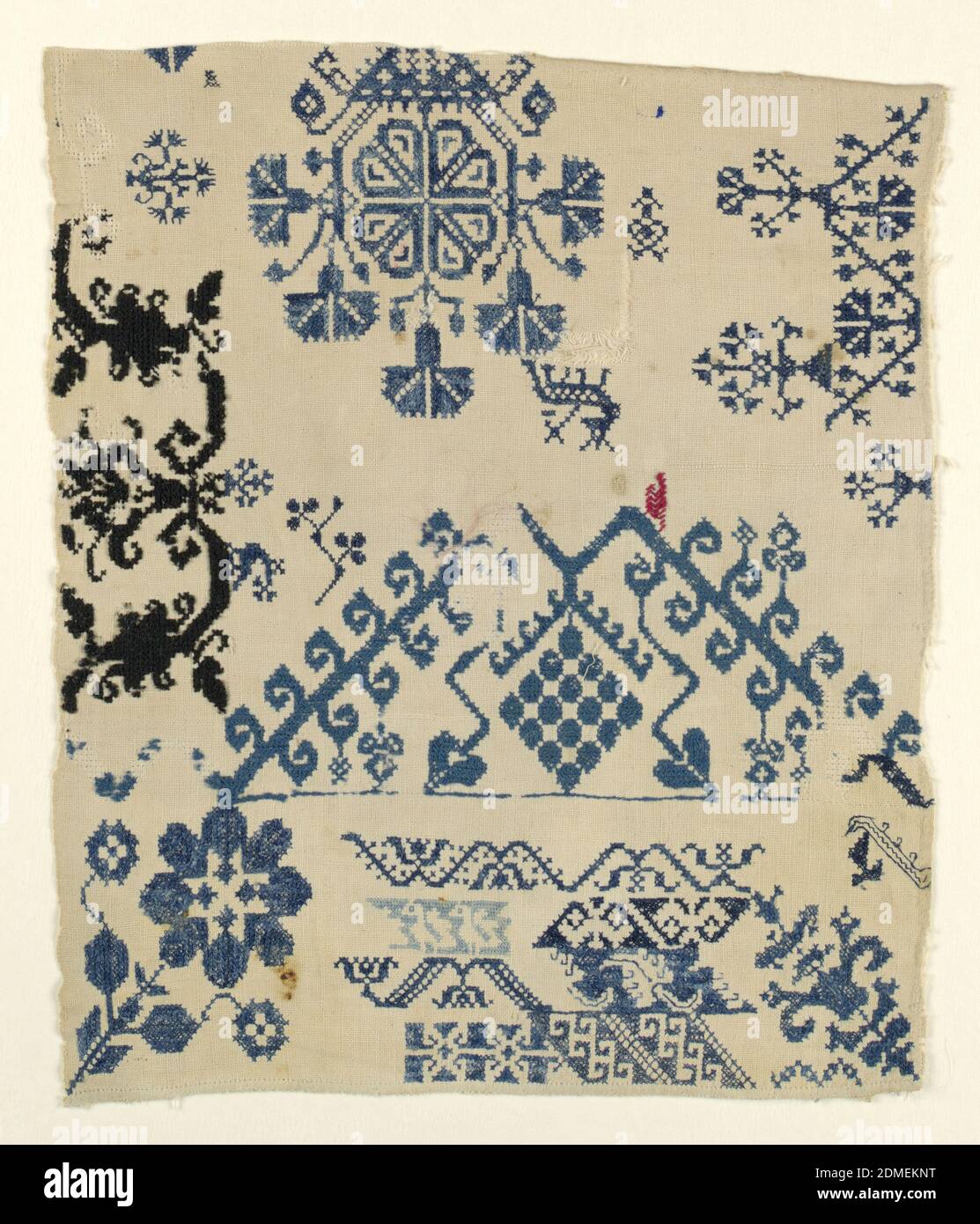 Sampler, Medium: cotton and wool embroidery, cotton foundation Technique: cross and double running stitches on plain weave, Detached patterns of conventionalized flowers., Spain, 19th century, embroidery & stitching, Sampler Stock Photo