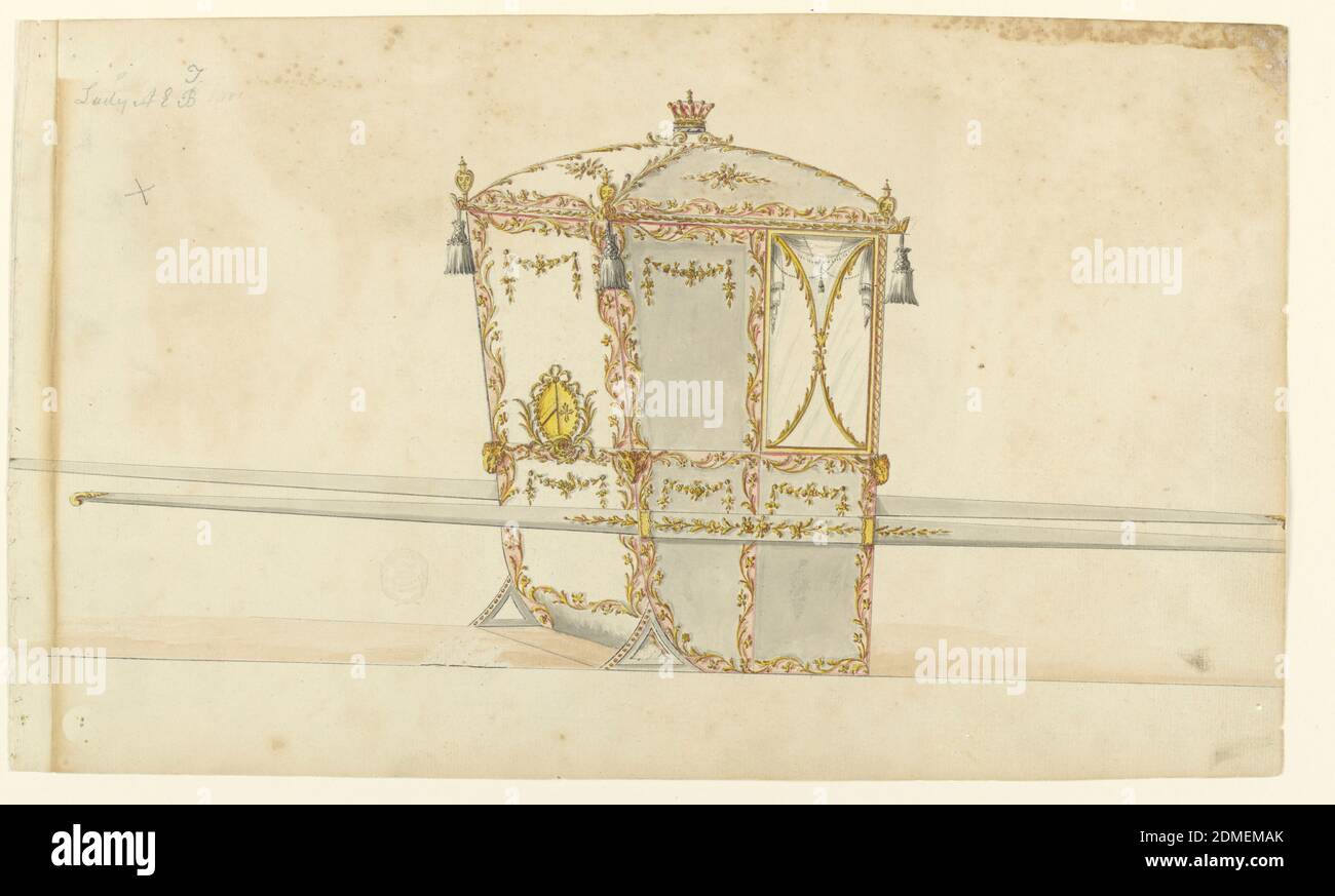 Design for a Sedan Chair, Pen and black ink, brush and gray, brown, red, yellow and blue watercolor over graphite on cream laid paper, Shown from the right rear corner with two bars. On top is a crown of an earl. From the upper corners hang tassels, at those in the height of the upper edge of the lower panels are ram heads. All the panels are decorated above with festoons. In the upper one of the back, below, are two conjoined coats of arms framed by garlands; right a bend sinister; left a Maltese cross. The window is divided into four panes by curved branches. Decoration of the bar Stock Photo