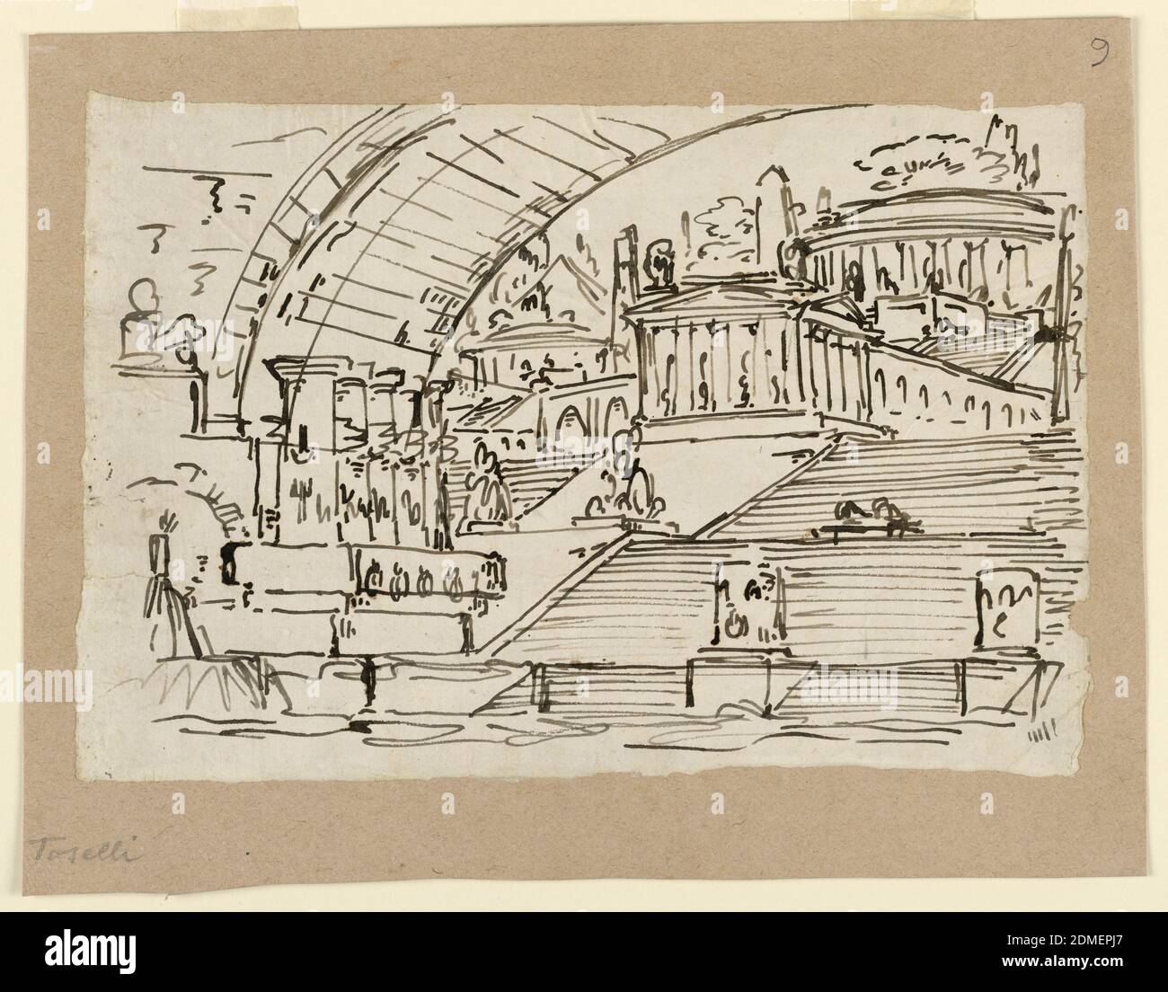 Stage Design, Imaginary City, Pen and brown ink on paper with uneven edges, lined with cream paper, Horizontal rectangle. Design for a stage set. Broad staircases leading up to a group of classical temples of various shapes (rectangular and round). A large arch spans above the staircases., Italy, early 19th century, theater, Drawing Stock Photo