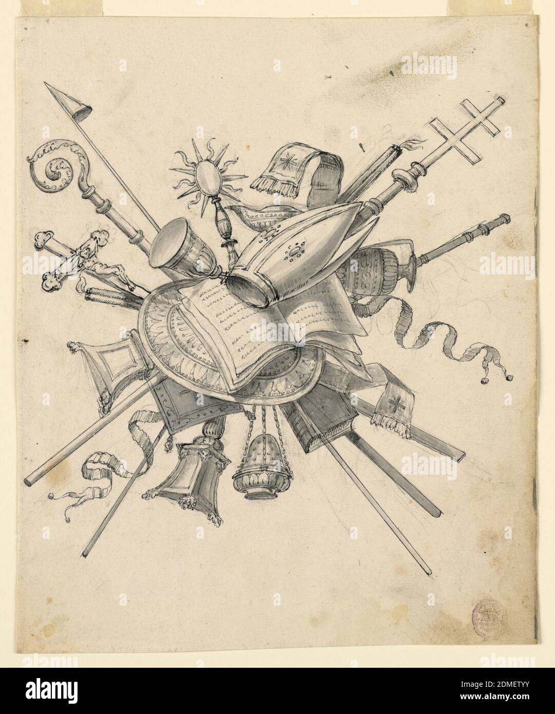 Trophy with Ecclesiastical Objects, Romolo Achille Liverani, Italian, 1809 - 1872, Black crayon, pen and dark ink, brush and gray water color on paper, An assembly of a mitre, a prelate’s hat, a crozier, an archbishop’s cross, altar objects, and processional pennon., Italy, 1830–1850, ornament, Drawing Stock Photo
