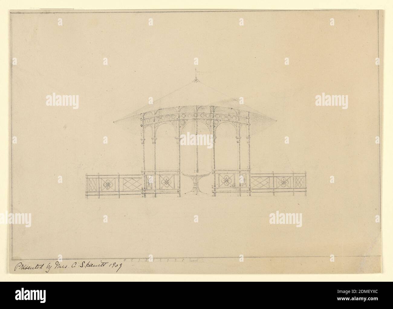 Design for Pagoda in Garden Pavilion, Graphite on wove paper, lined, Conical roof supported by pillars, balustrade decorated with flower motif. Pillar decorated with circular designs. Table drawn in middle of pagoda. Scale noted at bottom., USA, ca. 1909, architecture, Drawing Stock Photo