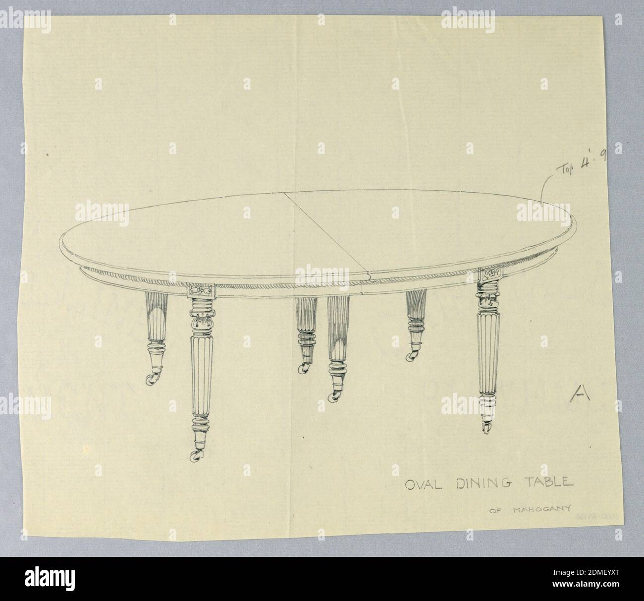 Design for an Oval Dining Table 'A' of Mahogany, A.N. Davenport Co., Graphite on thin cream paper, Oval molded top with dividing stretcher running across center, raised on 6 carved, turned and fluted tapering legs on casters; smll rectangular carved inlaid plaques on table top., 1900–05, furniture, Drawing Stock Photo