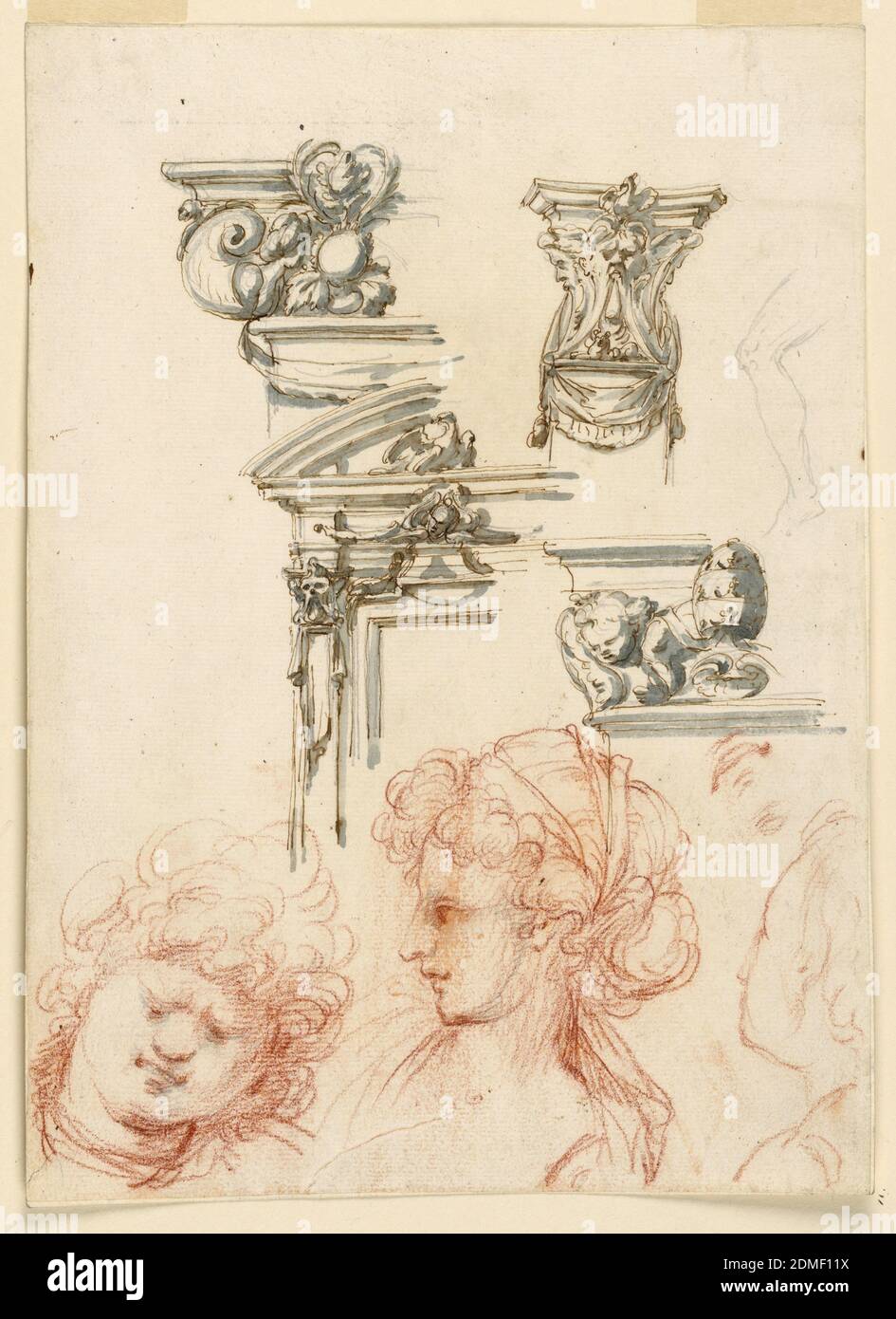 Architectural Details and Three heads, Filippo Marchionni, Italian, 1732–1805, Black, red chalk, pen and ink, brush and gray watercolor on laid paper, Top left: elevation of upper left corner of a building; part of a window pane, above which two friezes and cornices rise. A drapery festoon decorates the lower part with grotesque motif. Top right: a capital for a pilaster with masks forming the capital; a part of left leg of a seated man. Center right: left side of a frieze with a tiara over a shell flanked by cherubim. Bottom: three heads of women; left one is lowered Stock Photo