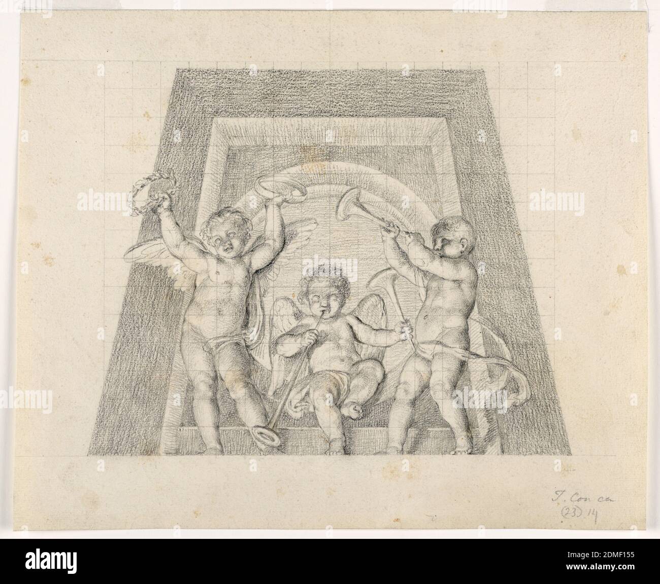 Three Putti with Trumpets, Design for Lunette of the Sala delle Muse, Museo Pio-Clementino, Vatican, Tommaso Maria Conca, Italian, 1734 – 1822, Black chalk and black crayon on heavy cream paper, squared for enlargement, Design for a lunette. Two standing and one seated putti (in the middle) with musical instruments (trumpets and tambourines), shown against the trapezoidal frame of an oculus., Italy, 1775–1800, interiors, Drawing Stock Photo