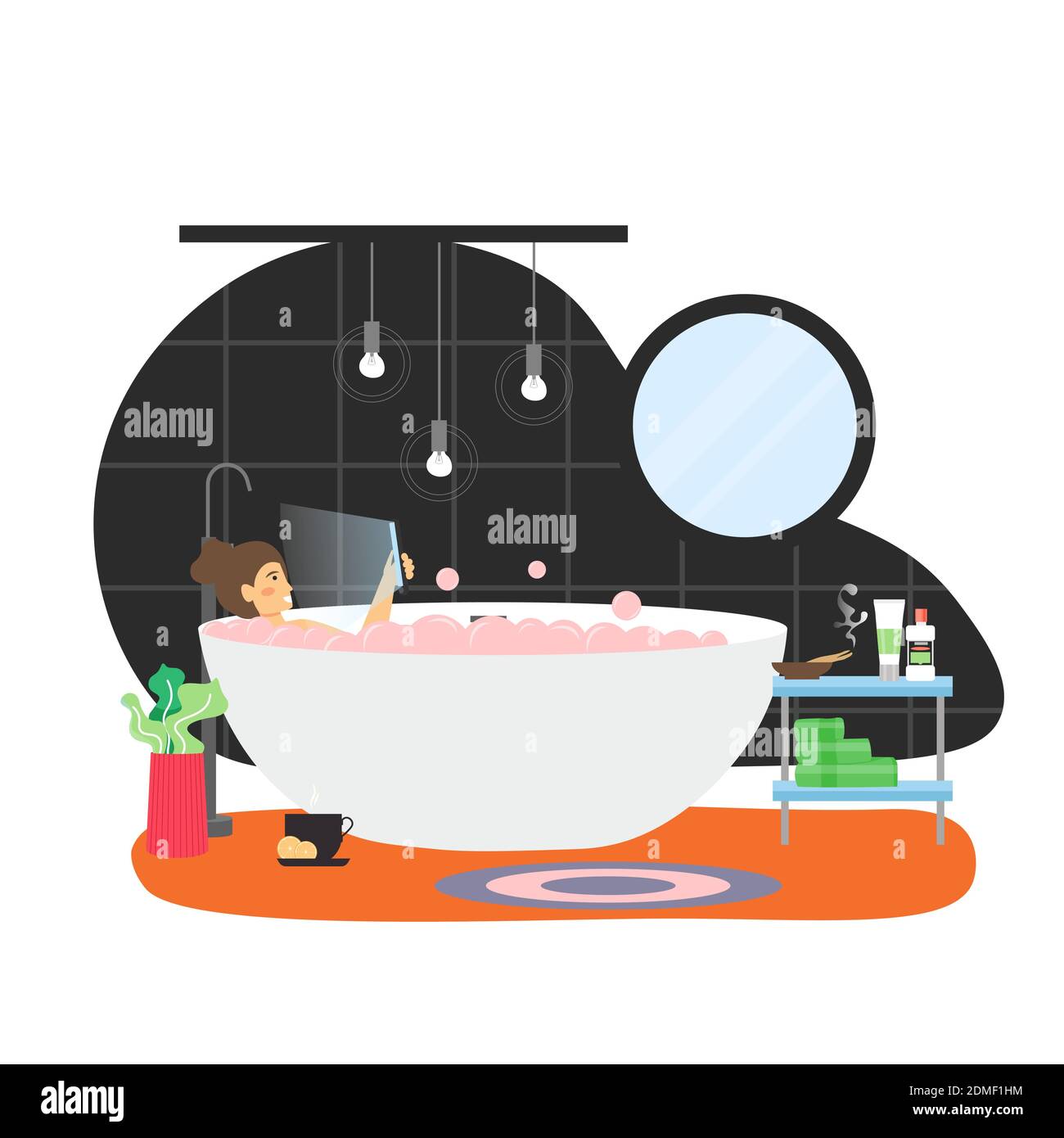 Happy woman taking bath lying in bathtub with mobile phone in hand