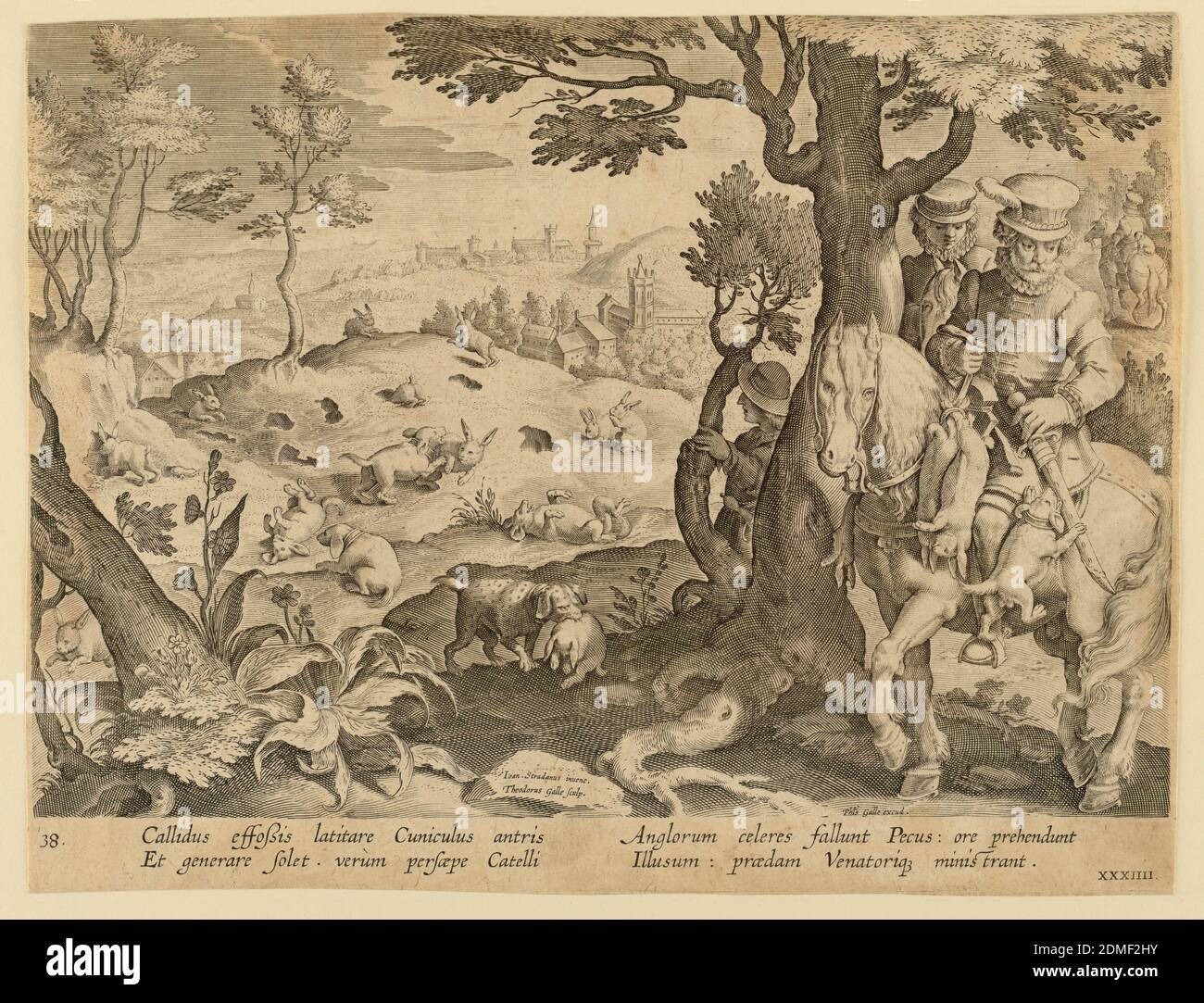Rabbit hunt, Jan van der Straet, called Stradanus, Flemish, 1523–1605, Theodor Galle, ca. 1571 - 1633, Philips Galle, Flemish, 1537 - 1612, Engraving on paper, Horizontal rectangle. The dogs hunt and trap the rabbits, left, brining their kill tot he horsemen behind the tree, at right. On a rock, left center: 'Ioan. Stradanus invent. / Theodorus Galle Sculp.' At lower right: 'Phls. Galle excud.' Below: 'CALLIDUS EFFOSSIS LATITARE CUNICLULUS...', Netherlands, ca. 1595, figures, Print Stock Photo
