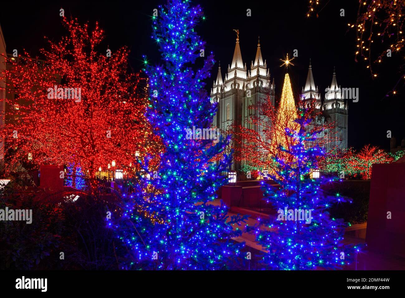Christmas lights at the Salt Lake Temple, Salt Lake City, Utah Stock