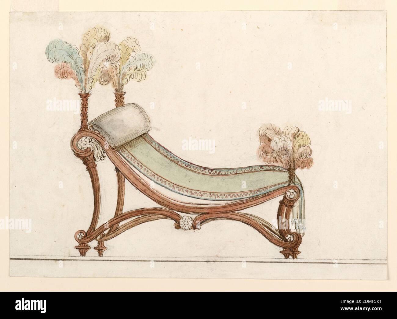 Design for a Sofa, Pen and ink, brush and watercolor, graphite on paper;  verso: graphite, Horizontal rectangle. Design for a sofa or chaise longue  shown slightly obliquely in profile, with the head