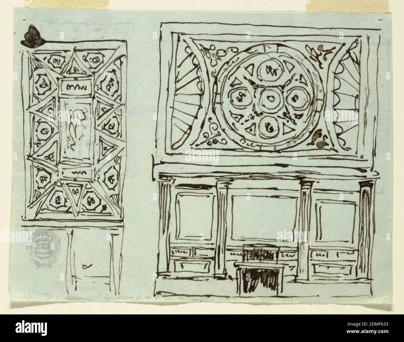 A Fireplace Wall and Two Alternative Ceiling Schemes, Felice Giani, Italian, 1758–1823, Pen and dark brown ink on lighblue laid paper., Horizontal rectangle. At left, division of ceiling into panels, below, short side of room. At right, elevation of wall of room with chimney mantel piece, and ceiling. Verso: two sketches for division of same ceiling., Italy, ca. 1820, figures, Drawing Stock Photo