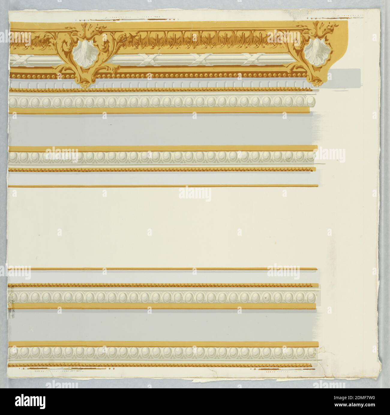 Louis XVI or Trianon, Jules Desfossé, French, active 1851 - 1863, Block-printed paper, Two separate motifs to be used for dado. The baseboard has a series of horizontal molding strips in grisaille and brownish-yellow. The upper element, or chair rail, has a more elaborate treatment with leafy carving and a grisaille shell motif in addition to the molding strips; on off-white ground., Paris, France, 1851–65, Wallcoverings, Border, Border Stock Photo