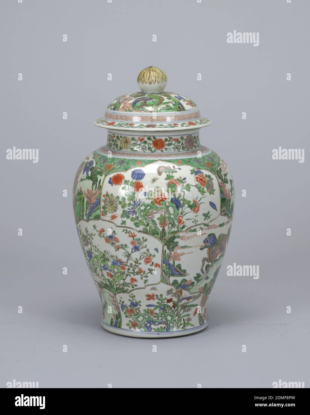 Ginger Jar, porcelain, vitreous enamel, Porcelain vase and cover with nature scenes and flowers along the sides and cover., China, 19th century, ceramics, Decorative Arts, jar, jar Stock Photo