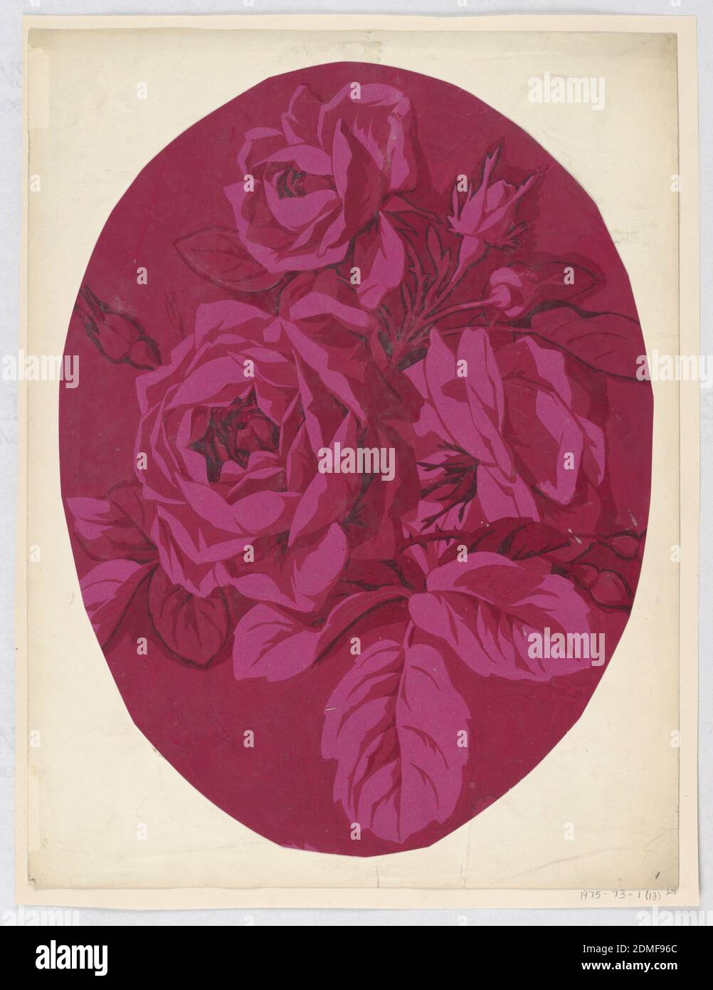 Drawing, Brush and gouache on cream paper, mounted on cream paper, Large roses in oval shape, all in deep fuchsia., France and USA, late 19th century, textile designs, Drawing Stock Photo