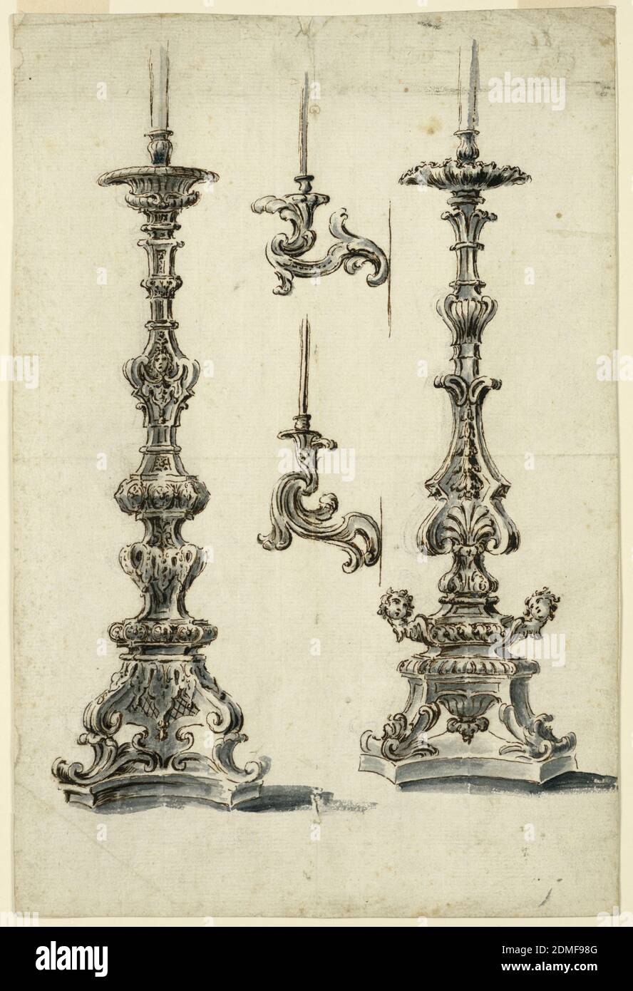 Designs for Altar Candlesticks and Candle Brackets, Pen and ink, brush and gray watercolor, black chalk on paper, Vertical rectangle. At left and right, two candlesticks with hexagonal bases with concave sides, supported by leaf scrolls. In the decorations of the candlestick at left, scallops of a cloth with tassels. A mask is at the upper knob. The candlestick at right has cherubim at the oblique sides of the upper section of the pedestal. The bowl below its socket has the shape of a shell. The brackets, either for one candle, are in the center. They are drawn in a vertical row, in profile Stock Photo