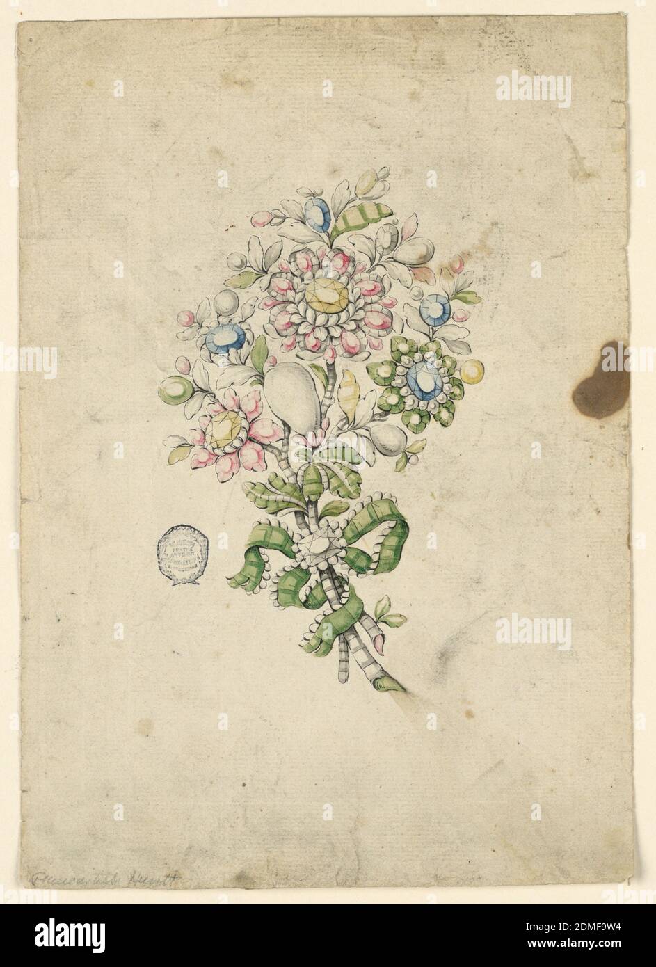 Design for a Corsage, Pen and ink, brush and watercolor on paper, Three stems with blossoms, buds and leaves are tied by a ribbon., Italy, 1825–50, jewelry, Drawing Stock Photo