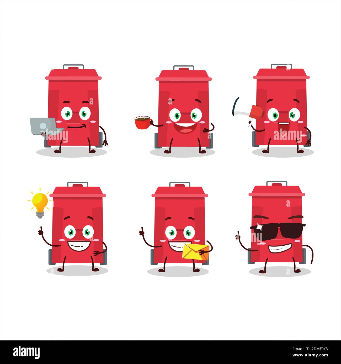 Plastic trash can cartoon character with various types of business