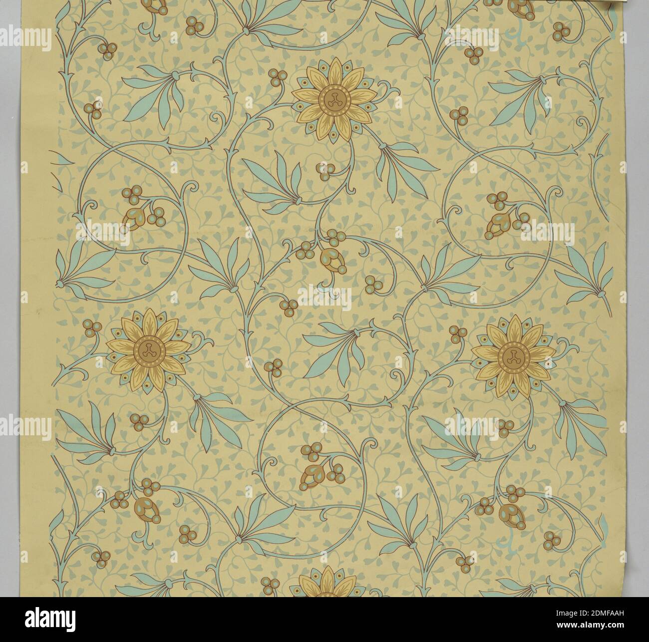 Sidewall, Machine-printed, embossed paper, Full width, giving slightly more than one repeat of slender vine pattern of conventionalized passion-flowers (roses), against secondary all-over pattern of foliation. Paper embossed with a pebbled figure. Printed in blue, green and tans, on grey-violet ground., England, ca. 1875, Wallcoverings, Sidewall Stock Photo