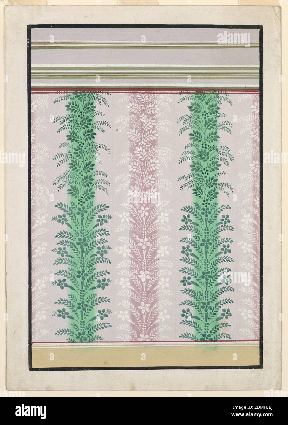 Wallpaper Design, Brush and gouache, graphite on white paper, A dado is shown at the bottom, an entablature on top. The background of the panel is divided into broad pale rose and narrow green and dark rose stripes. Upon these rise candelabra, for which two designs are suggested alternatively, in the lower and upper parts. They consist of straight stems with petals and blossom and leaf boughs and of two kinds of leaf boughs, respectively. Two horizontal and purple stripes are on top., Austria, 1840–60, wallpaper designs, Drawing Stock Photo