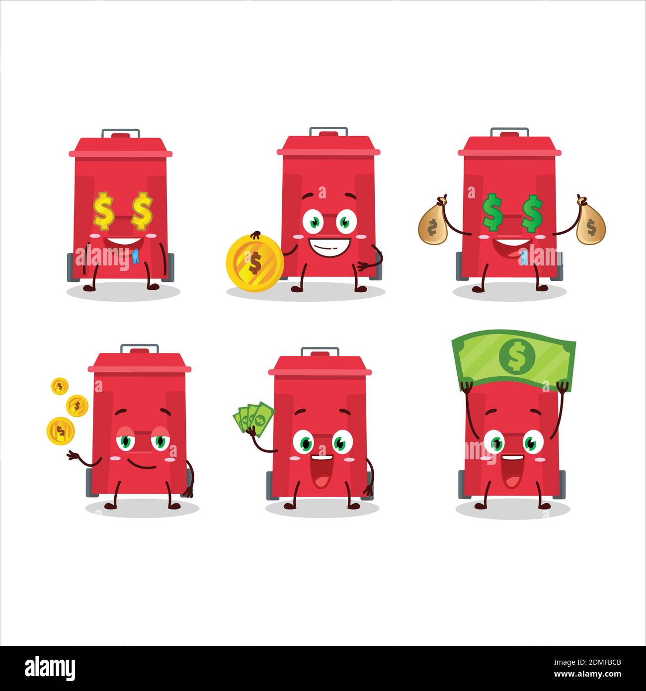 Plastic trash can cartoon character with cute emoticon bring money