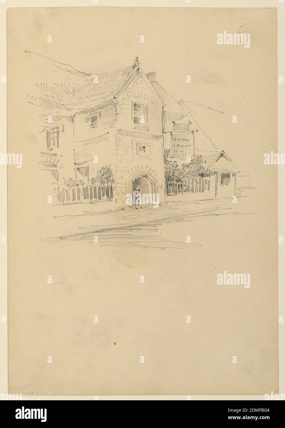 House on a Street, Arnold William Brunner, American, 1857–1925, Graphite on cream paper, Street running to the right. The house opening on to the sidewalk by an arched doorway, with a figure standing in it. A fence along the sidewalk., USA, ca. 1883, architecture, Drawing Stock Photo