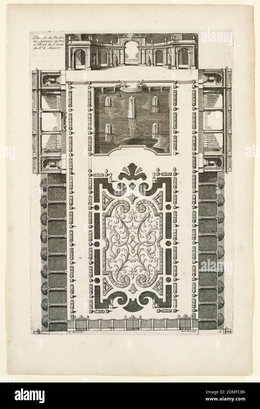 Pensée du Jardin du Marquis du Prié a Turin (Garden Idea for the Marquis du Prié in Turin), in Nouveaux Livre de Parterres contenant 24 pensséz diferantes (New Book Containing 24 Different Variations for Garden Beds), Daniel Marot, French, active in the Netherlands and England, 1661–1752, Etching, engraving on white laid paper, Landscape architecture design for garden with fountains., Netherlands, ca. 1700, architecture, Print Stock Photo