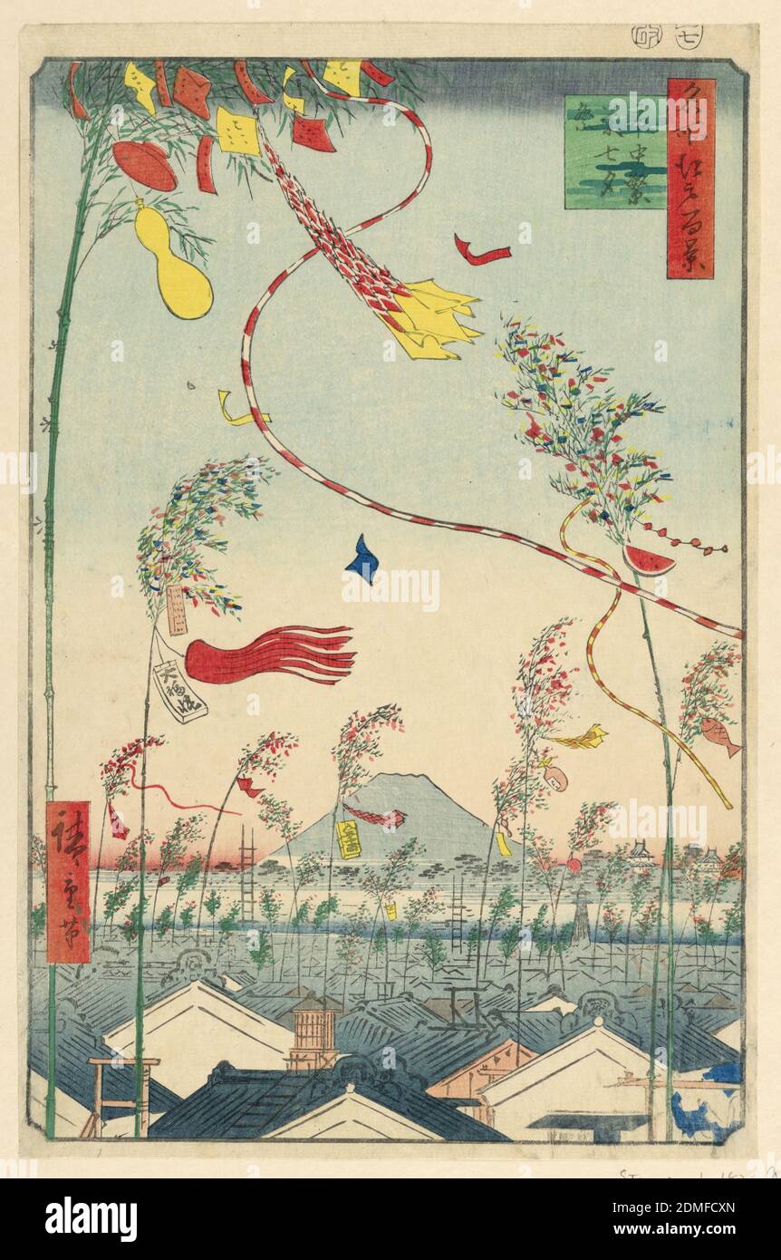 Town Prosperous with Tanabata Festival (Shichu han-ei, Tanabata matsuri) From the Series One hundred Views of Edo, Ando Hiroshige, Japanese, 1797–1858, Woodblock print in colored ink on paper, The bird's eye view overlooking rooftops in a district in Edo shows Tanabata Festivities. The tall branches of bamboo are decorated with colorful pieces of paper. Written on them are hopes and wishes for the upcoming year. The silhouette of Mt. Fuji accompanies these brilliant decorations. According to legend, two deities in love were only allowed to meet once a year on this day, July seventh., Japan Stock Photo