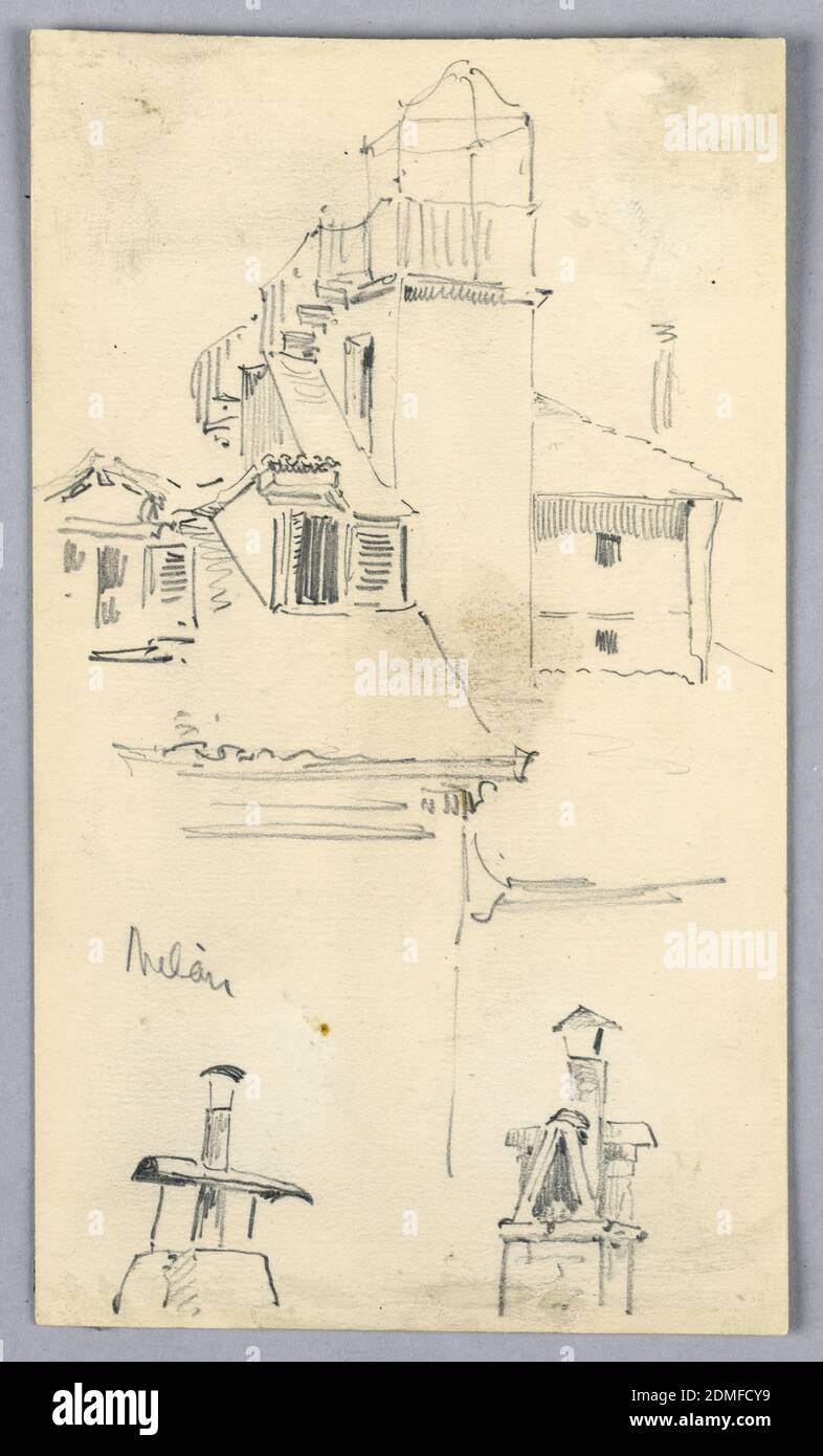 Sketches in Milan, Arnold William Brunner, American, 1857–1925, Graphite on paper, Sketches of two chimneys, below, and houses, above., USA, 1892, architecture, Drawing Stock Photo
