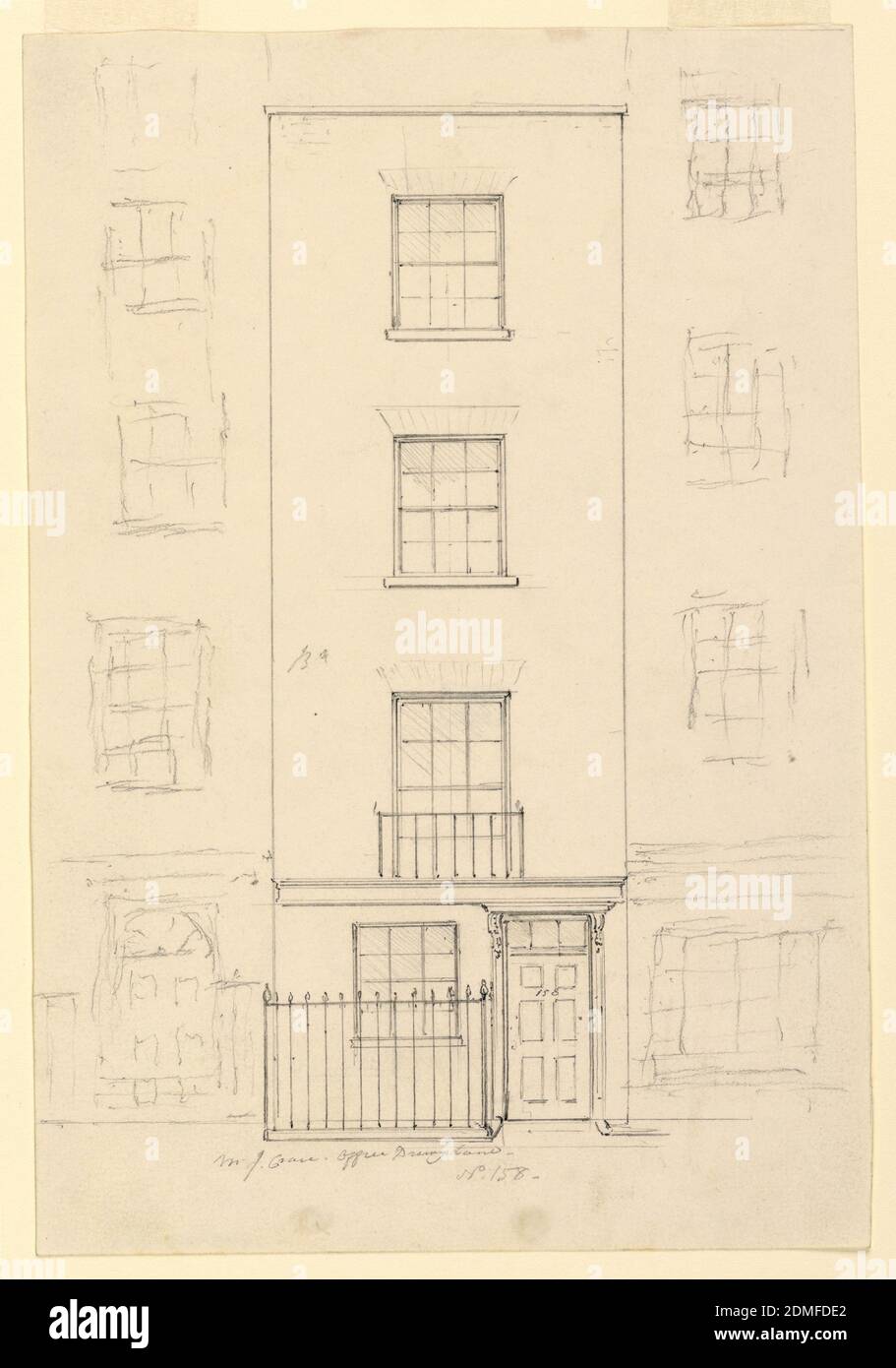 Facade of Frederick Crace's Office, Frederick Crace, English, 1779–1859, Graphite on white wove paper, Vertical rectangle. Facade of a four story building with one window on each floor, entrance door at right, iron fence at left., England, 1815–22, architecture, Drawing Stock Photo