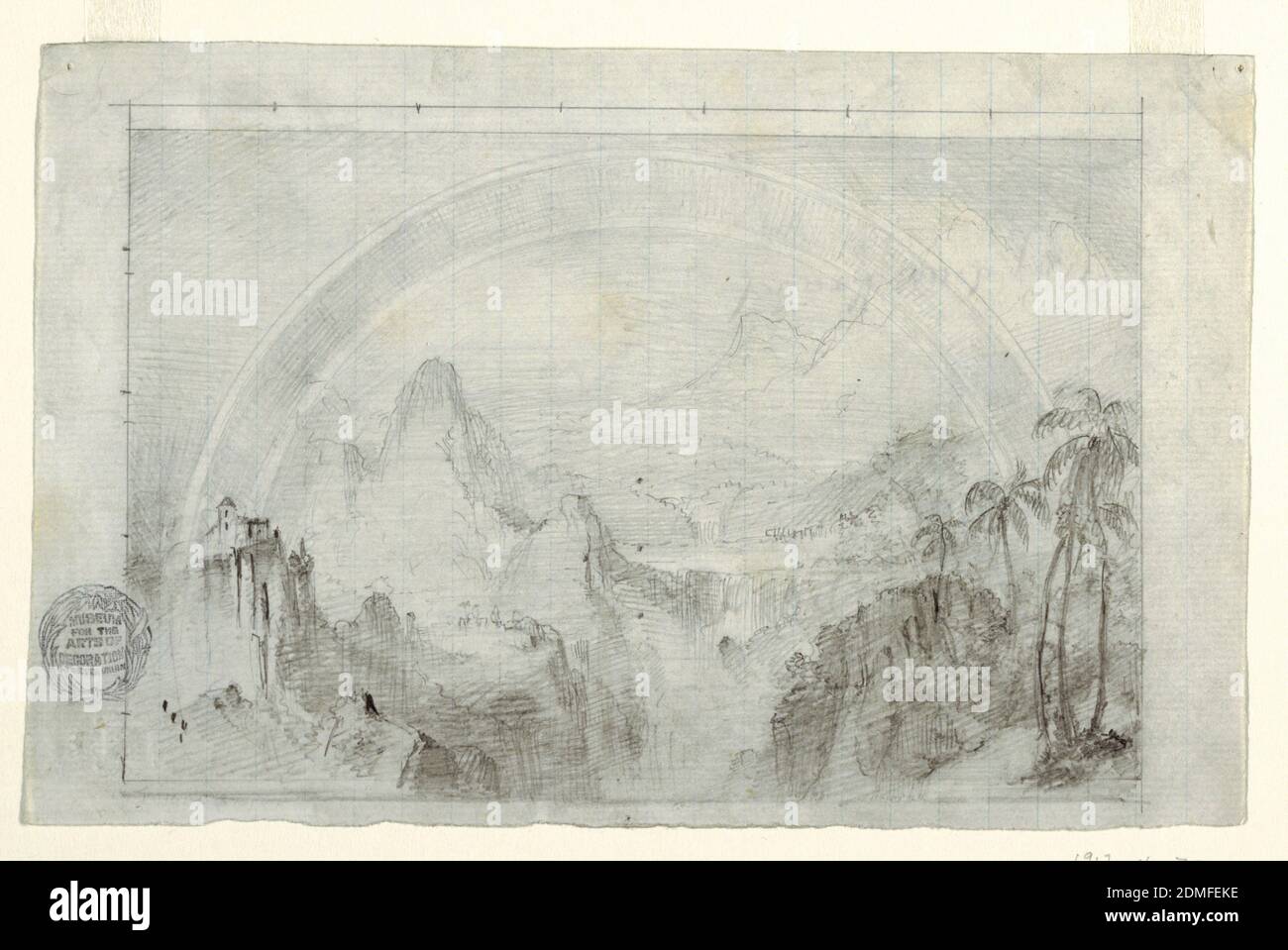 Study for 'Rainy Season in the Tropics', Frederic Edwin Church, American, 1826–1900, Graphite on paper, ruled with parallel lines in blue ink, border lines in graphite, on white paper, Recto: Horizonal view showing a dramatic panorama of towering peaks flanking a river gorge, with a church ( or castle) perched atop a cliff at the left and a cluster of palm trees at the right, bridged by a prominent double rainbow., Verso: Elevations and plans for a Mansard-roofed house are shown in boxes and sometimes numbered: shown vertically at bottom is the house standing at a declivity Stock Photo