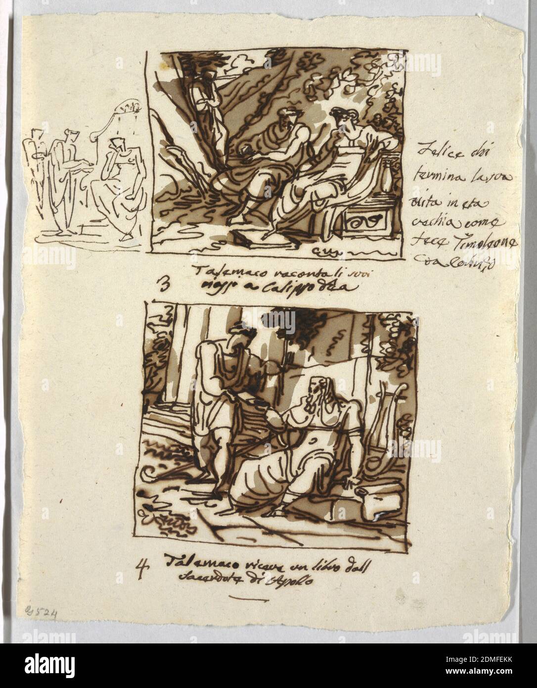 Arashigaoka marked aktivering The Story of Telemachus, Felice Giani, Italian, 1758–1823, Pen and brown  ink, brush and brown wash on cream laid paper, Top: Telemachus seated  beside Calypso upon a bench tells her about his