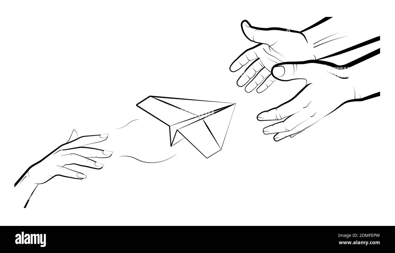 female hand throws a paper airplane into the hands of a man. Sends a message by mail. International Civil Aviation Day. Vector on white background Stock Vector