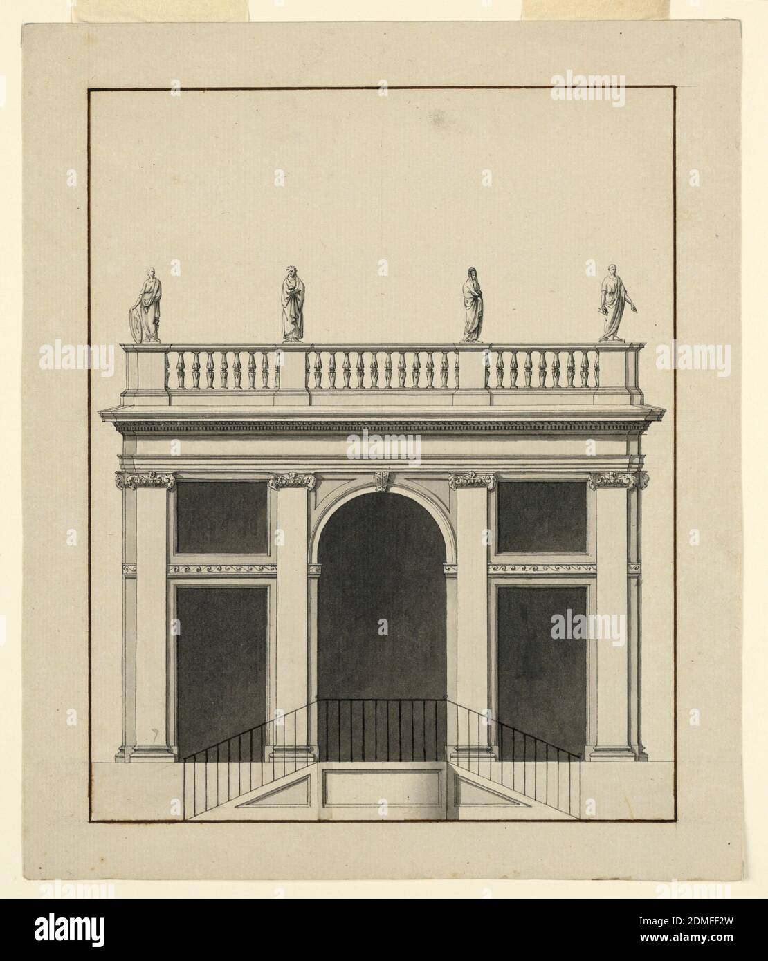 Pavilion, Elevation, Pen and black ink, gray wash, traces of graphite, ruled border in pen and brown Support: white laid paper, Rome, Italy, Italy, 1798, architecture, Drawing Stock Photo