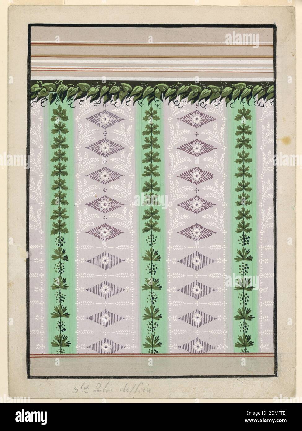 Wallpaper Design, Brush and gouache, graphite on white paper, A dado is shown at the bottom, and a high entablature on top. The panel is divided into narrow green and wide lilac vertical stripes. Alternative suggestions are made for their decorations in the lower and in the upper part of the design; rows of alternate leaves and bunches of grapes, and row of leaves, respectively, for the narrow stripes; lozenges of a richer design between bunches of boughs, respectively, for the broad stripes. A leaf garland, the upper part of which has a black background, is show on top., Austria, 1840–60 Stock Photo