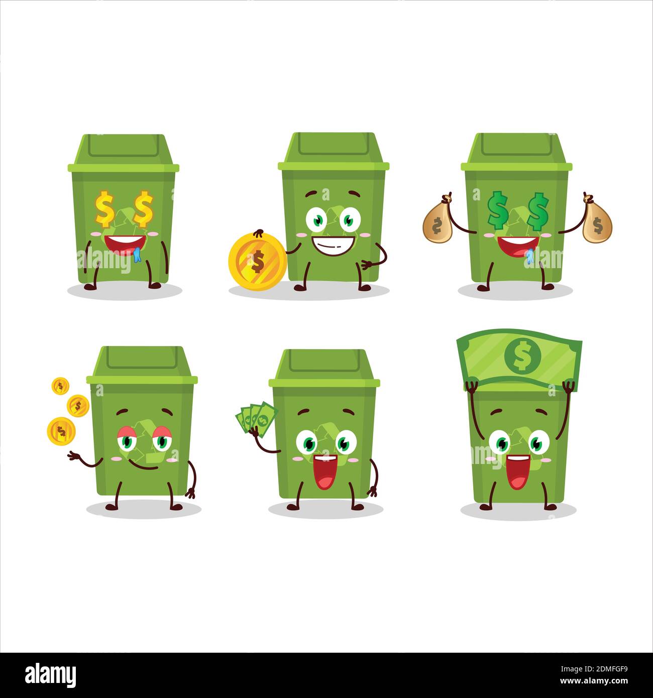 Recycle trash can cartoon character with cute emoticon bring money