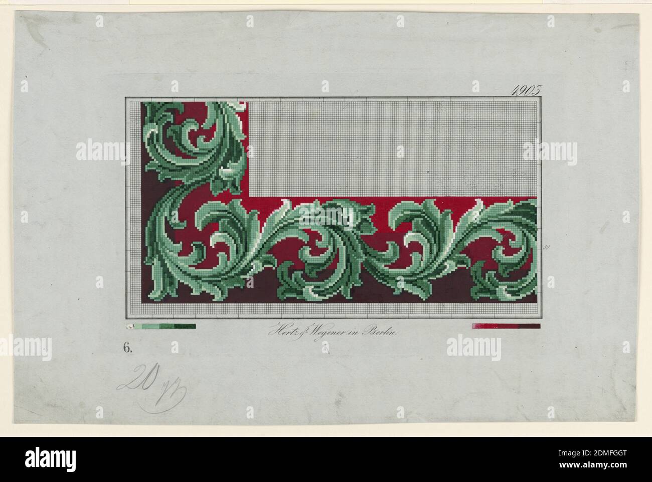 Design for Wool Work, Hertz and Wegener, Brush and gouache on pre-printed squared paper, A design on squared paper, of a border of stylized acanthus leaves in shades of green against a background of three bands of red, shaded from vermilion to maroon., Germany, ca. 1866, textile designs, Drawing Stock Photo