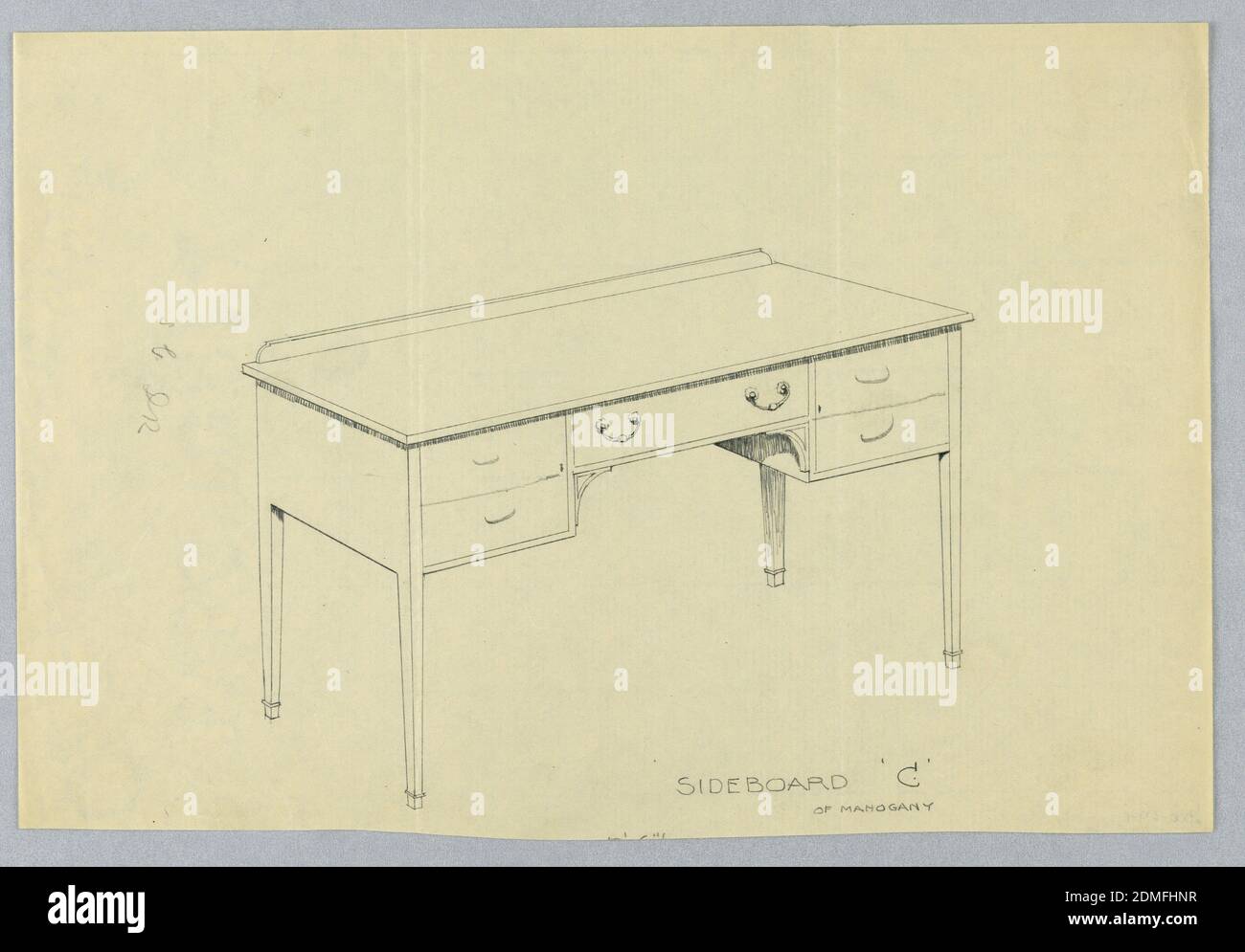 Design for Sideboard 'C' of Mahogany, A.N. Davenport Co., Graphite on thin cream paper, Rectangular sideboard on four tapering straight legs with one central drawer with two large swag-shaped handles flanked by a pair on smaller drawers, one on either side., Boston, MA, USA, 1900–05, furniture, Drawing Stock Photo