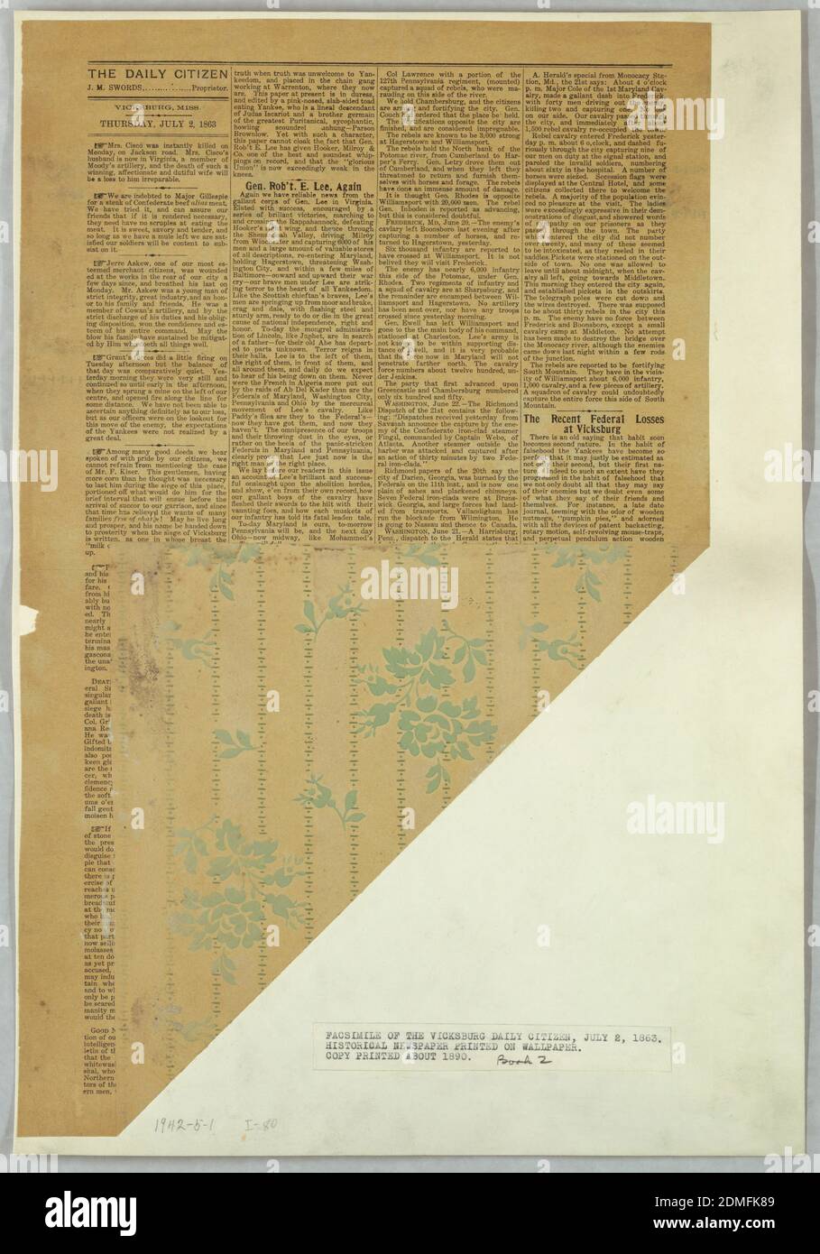 The Daily Citizen, Machine-printed, Reprint of 'The Daily Citizen', Vicksburg, Mississippi, July 2nd, 1863., USA, 1890–95, Wallcoverings, Sidewall, Sidewall Stock Photo