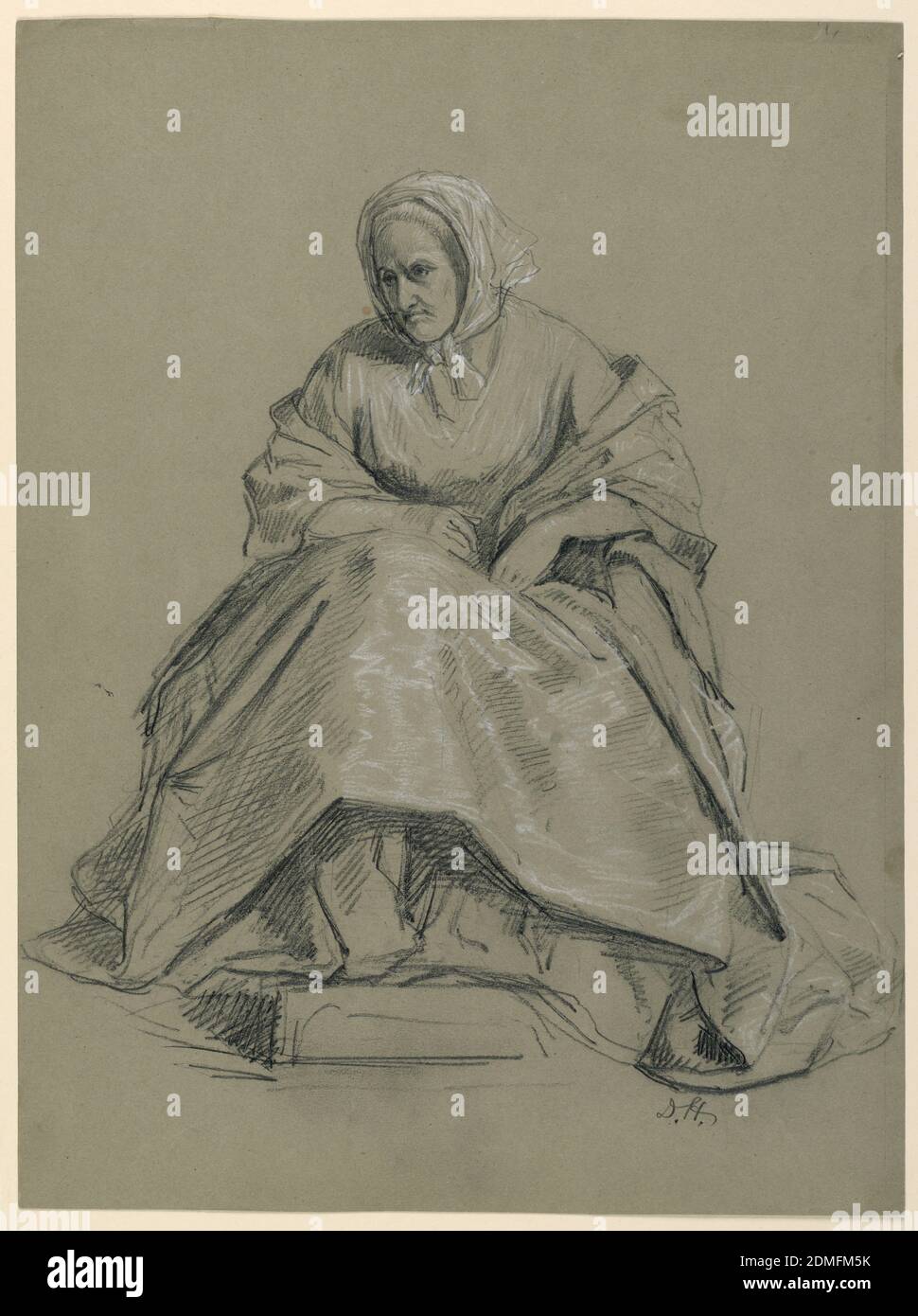 Study of a Seated Woman for 'The Republican Court' (Lady Washington's Reception Day), Daniel Huntington, American, 1816–1906, Graphite, white chalk on grey wove paper, Elderly woman seated, facing frontally, her head slightly lowered and looking left, wearing a shawl and head scarf., USA, 1860, figures, Drawing Stock Photo