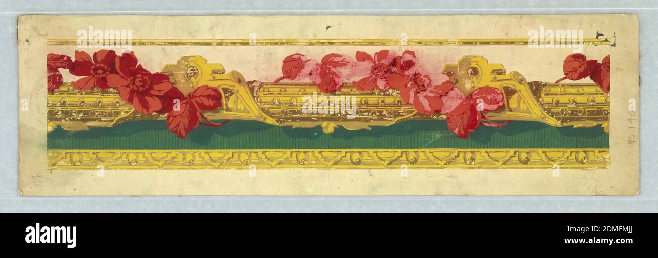 Border, Ericson & Weiss, Block printed on paper, Yellow and gold architectonic imitation carved molding, with green band and red flowers wrapped around, entwined. Vining floral wrapped rod runs through center of design, background is white above, green below. Architectural molding across bottom edge., possibly USA, 1900–1920, Wallcoverings, Border Stock Photo