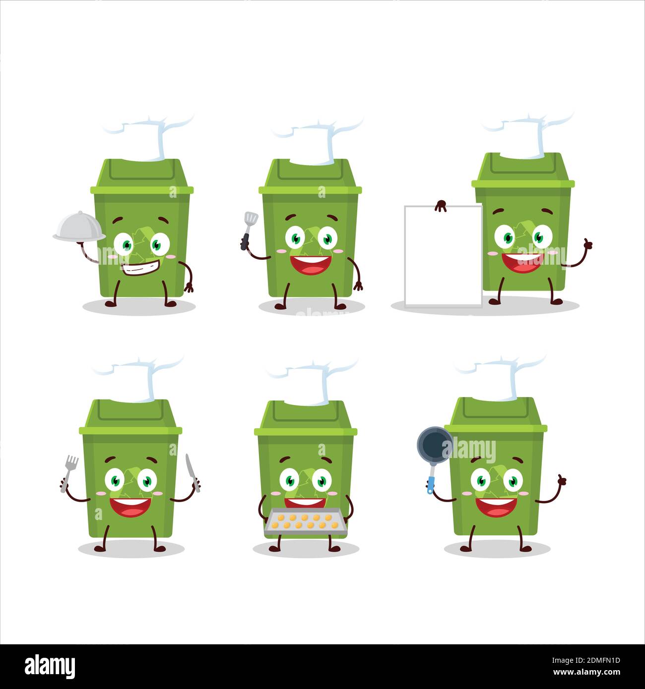 Cartoon character of recycle trash can with various chef emoticons