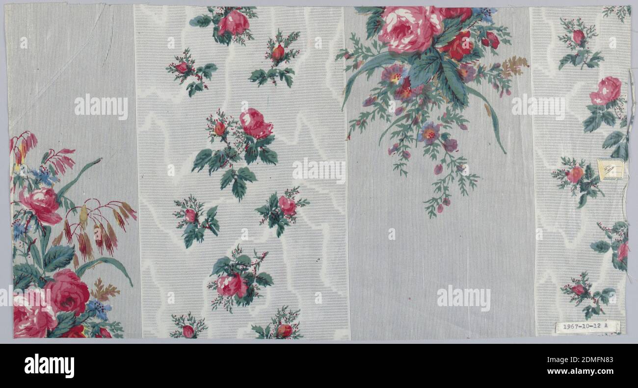 Textile, Schwartz-Huguenin, Medium: cotton Technique: printed by engraved roller on plain weave, Three pieces, same ground design but different floral patterns. Ground printed , probably by Molette, in two wide stripes in grey, one in very narrow pin stripe, one in horizontal bars of minute dots with moire effect in white. A) Floral pattern in one stripe of rose cluster, small detached roses in other. B) Different rose cluster. C) Long spray of roses and cream-colored flowers and smaller clusters., 1851–63, printed, dyed & painted textiles, Textile Stock Photo