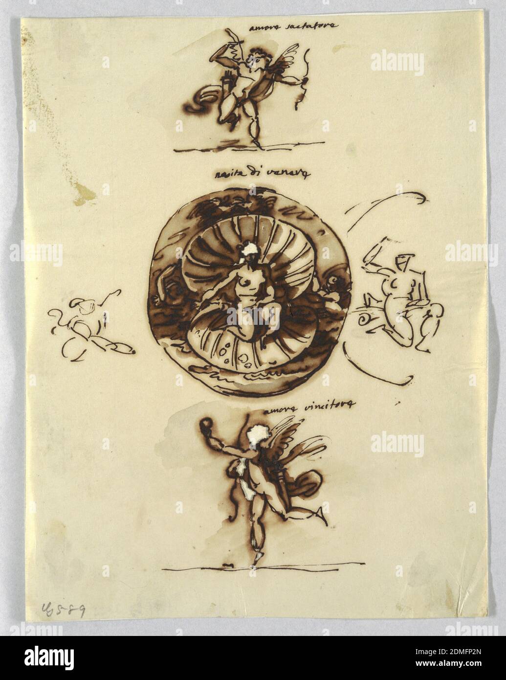 Venus and Cupid, Felice Giani, Italian, 1758–1823, Red crayon on grey-brown paper over traces of graphite on cream laid paper, In center, circular medallion with Venus shown kneeling in opened shell upon sea. Putti shown beside her. Laterally are pen sketches at left of putto and right of Venus. Cupid dancing holding arrow and bow., Italy, 1800–1815, figures, Drawing Stock Photo