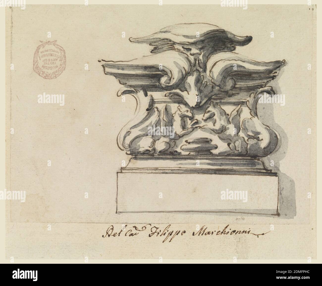 Design for an Ornament, Pen and black ink, brush and gray wash on paper, Architectural element consisting of an ornamental capital with vegetal motif on a pedestal., Italy, 1728–1778, ornament, Drawing Stock Photo