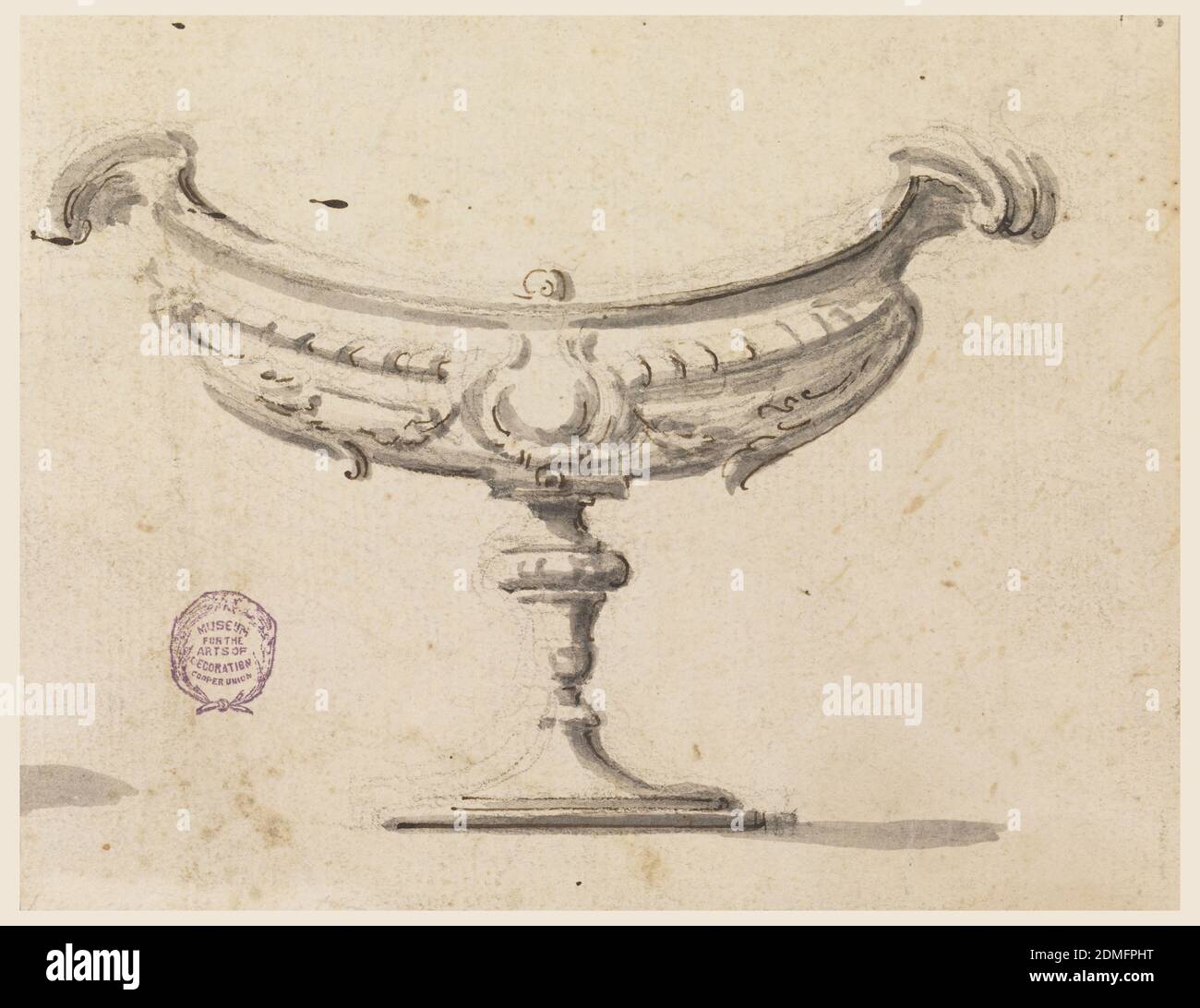 Design for an Incense Boat, Filippo Marchionni, Italian, 1732–1805, Pen and ink, brush and wash on paper, Shown in full length, an empty escutcheon is in the middle. The end of the shadow cast by the thurible -1145 is at the left edge. The color stripe at bottom in -1145 has been cut off here., Italy, ca. 1750, ornament, Drawing Stock Photo