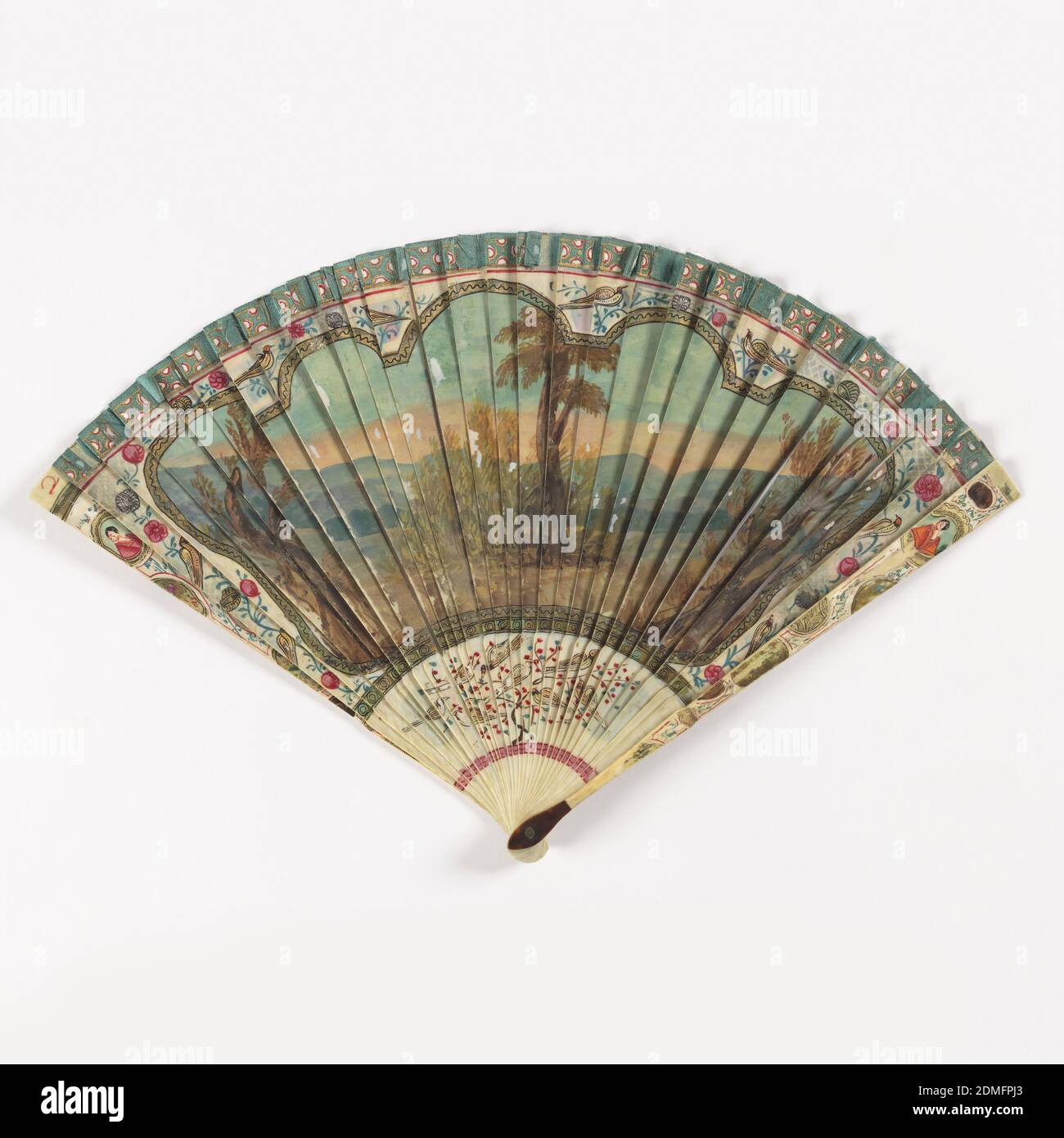 Brisé fan, Painted and gilded ivory sticks, Fan with observe painted with a design of dancers and musicians against a landscape background. Reverse has a landscape scene with trees against a hilly backdrop. In margins are birds and figures in a chinoiserie style., possibly Netherlands, possibly France, ca. 1725, costume & accessories, Brisé fan Stock Photo