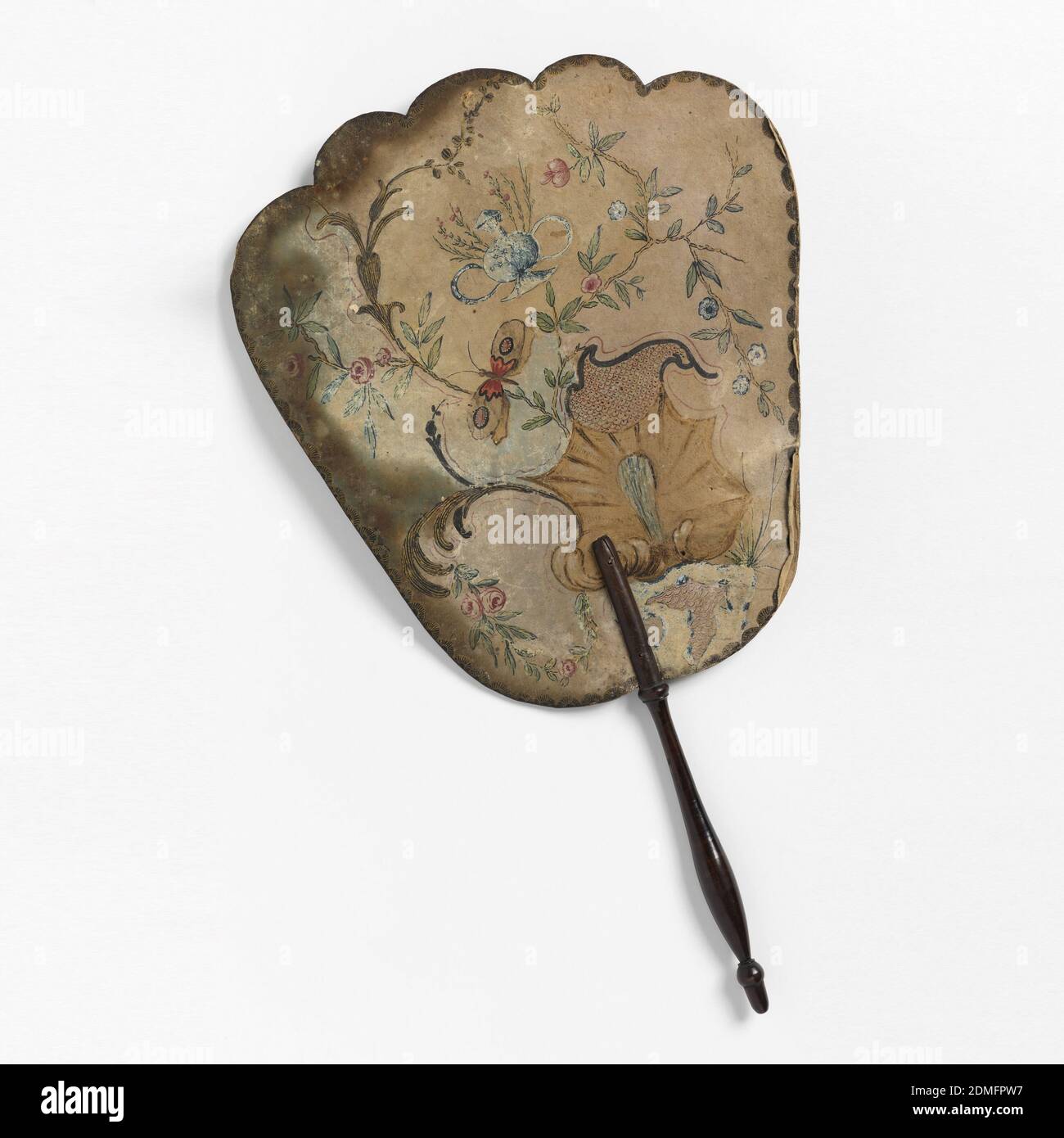 Handscreen, Gilded and painted paper leaf, turned wood handle, Handscreen with a gilded and hand-painted paper leaf. Obverse: rocaille, insects, flowers and blue and white porcelain. Reverse: a flowering branch with pink and blue blossoms. Turned wood handle., France, England, mid- 18th century, costume & accessories, Handscreen Stock Photo
