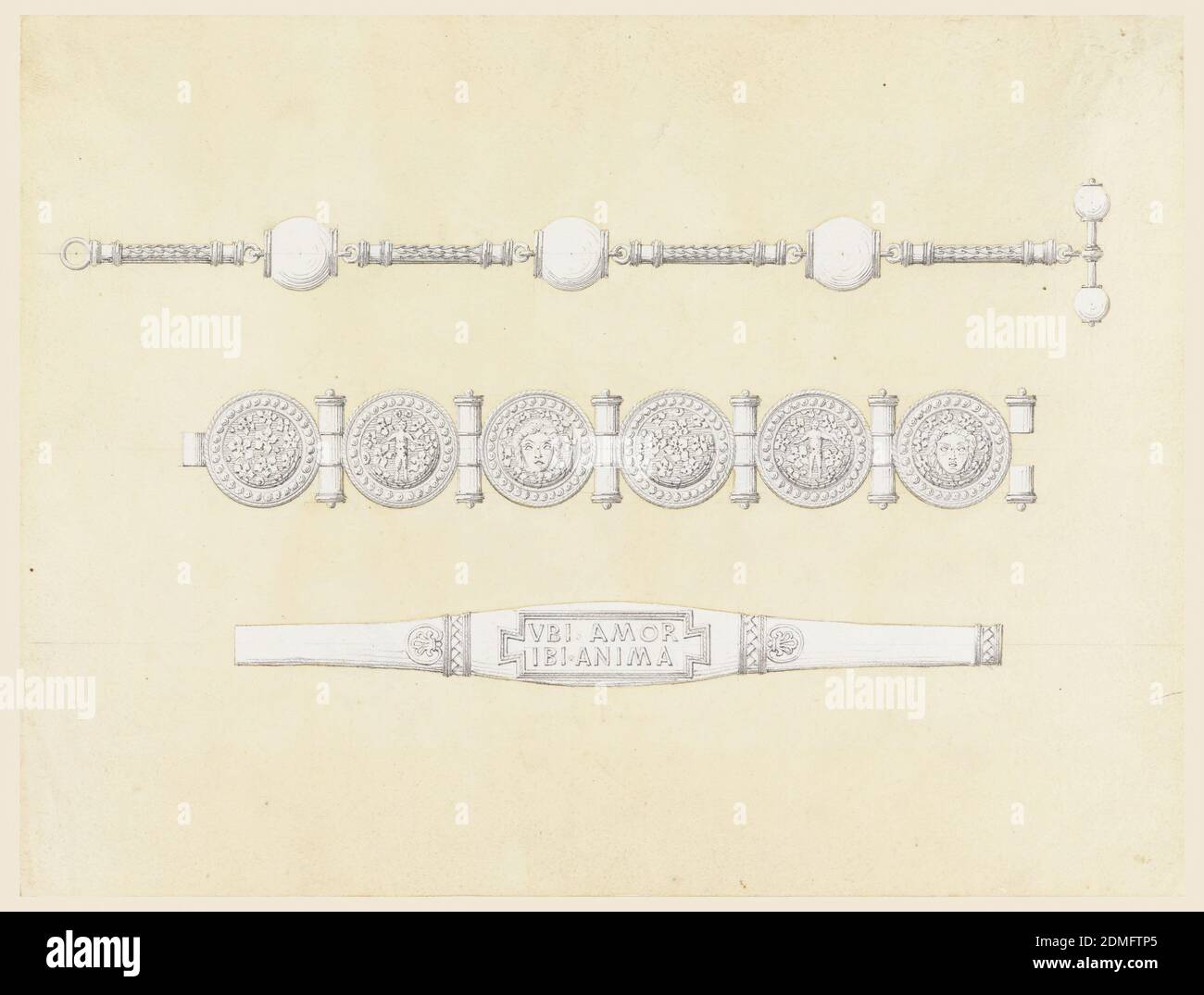 Design for a watch chain and two bracelets, Graphite, brush and pale yellow wash on white wove paper, Three jewelry designs, each below the other. The watch chain has three balls connected by thin pieces of chain. The first bracelet has six sheild-like disks connected by joints. The second bracelet has a center section inscribed 'VBI AMOR / IBI ANIMA.', Italy, ca. 1870, jewelry, Drawing Stock Photo
